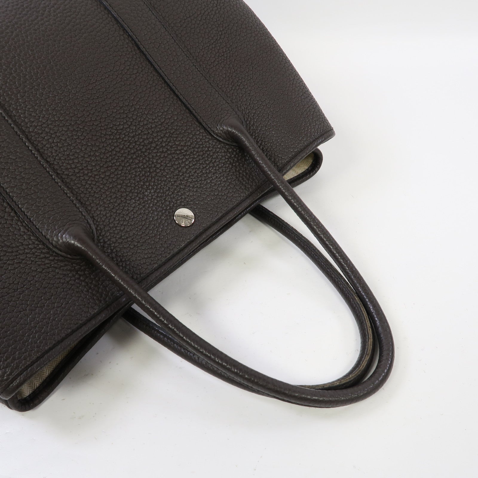 HERMES Clemence皮革Garden Party PM銀扣手挽袋巧克力色