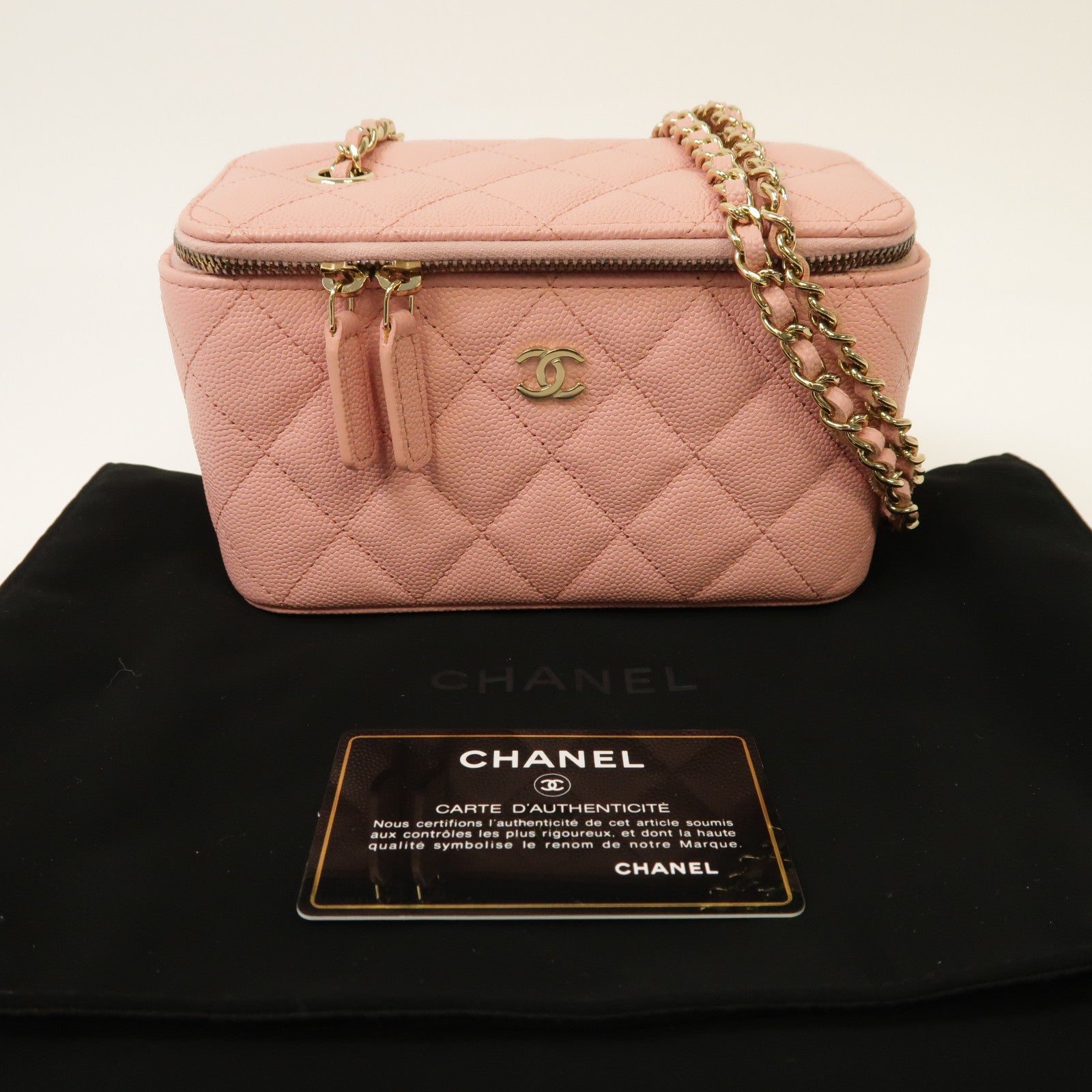 CHANEL 菱格Caviar皮革Vanity Case金扣鏈帶肩背袋粉紅色