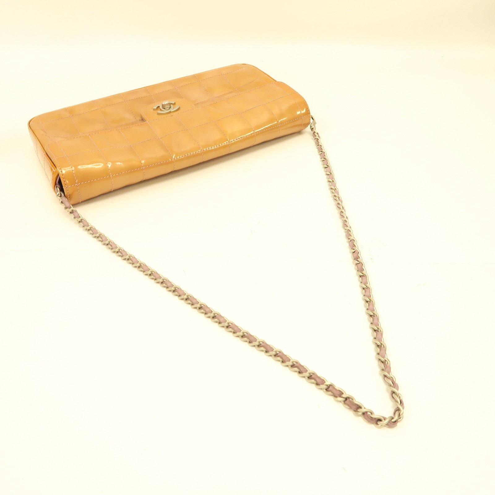 CHANEL 漆皮皮革Chain Shoulder銀扣鏈帶肩背袋啡色