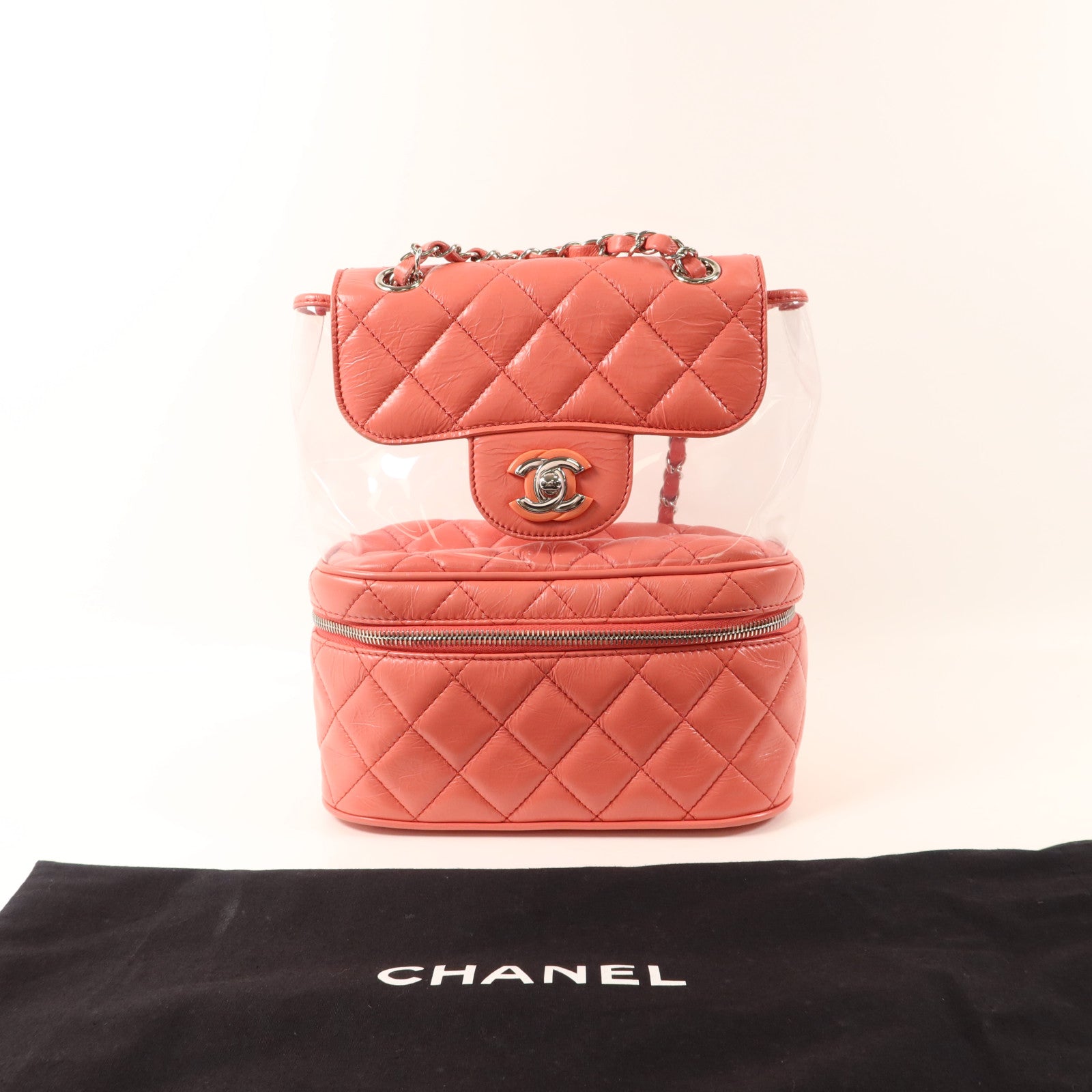 CHANEL 牛皮皮革/PVC Matelasse Backpack銀扣背包