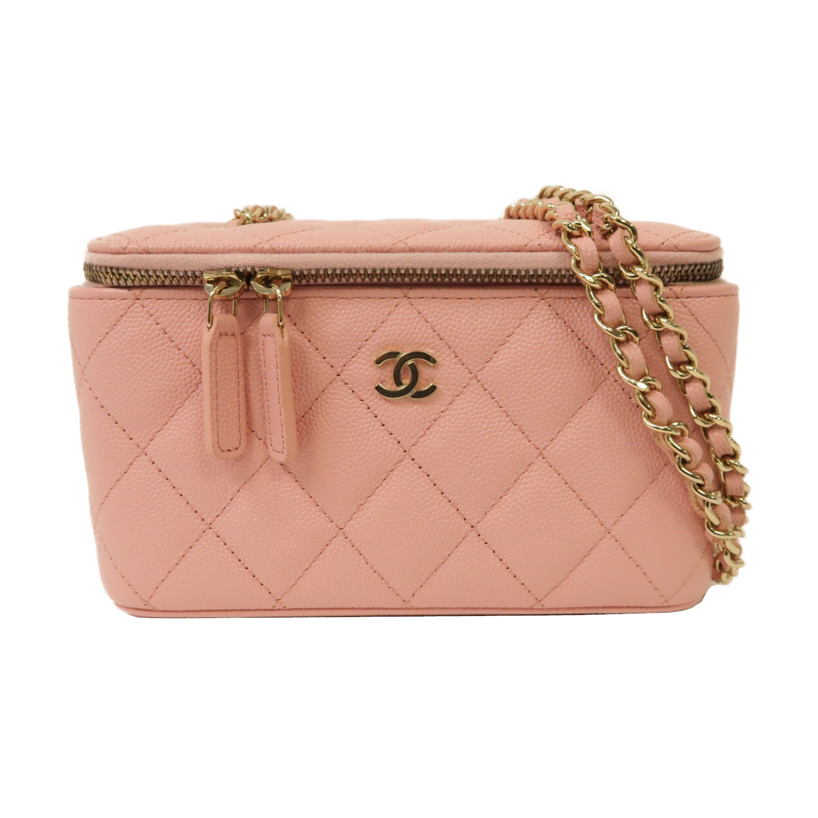 CHANEL 菱格Caviar皮革Vanity Case金扣鏈帶肩背袋粉紅色
