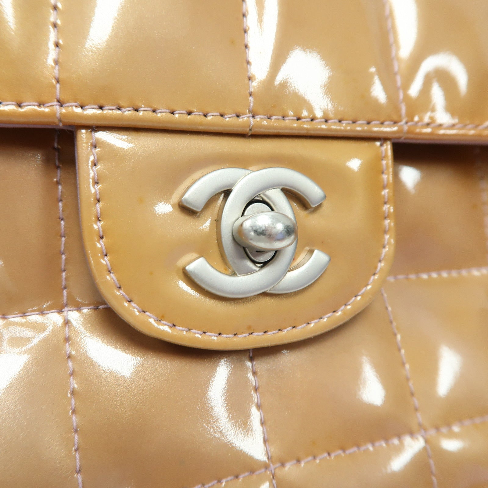 CHANEL 漆皮皮革Chain Shoulder銀扣鏈帶肩背袋啡色