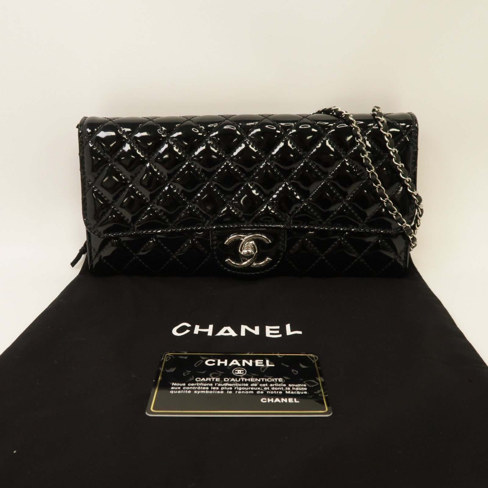 CHANEL 菱格漆皮皮革Chain Shoulder銀扣鏈帶肩背帶黑色