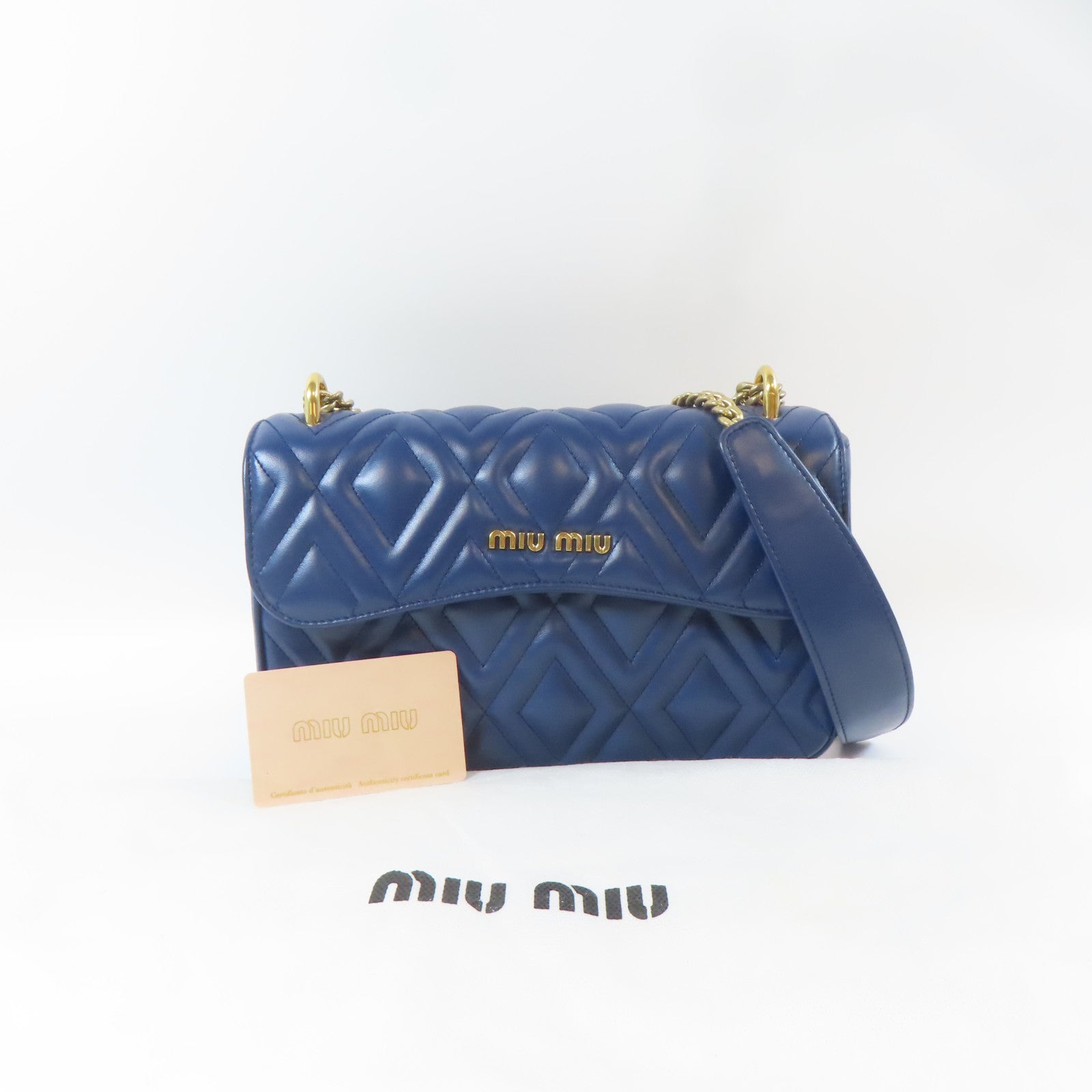 Miu Miu 菱格牛皮皮革Shoulder Bag金扣鏈帶肩背袋藍色