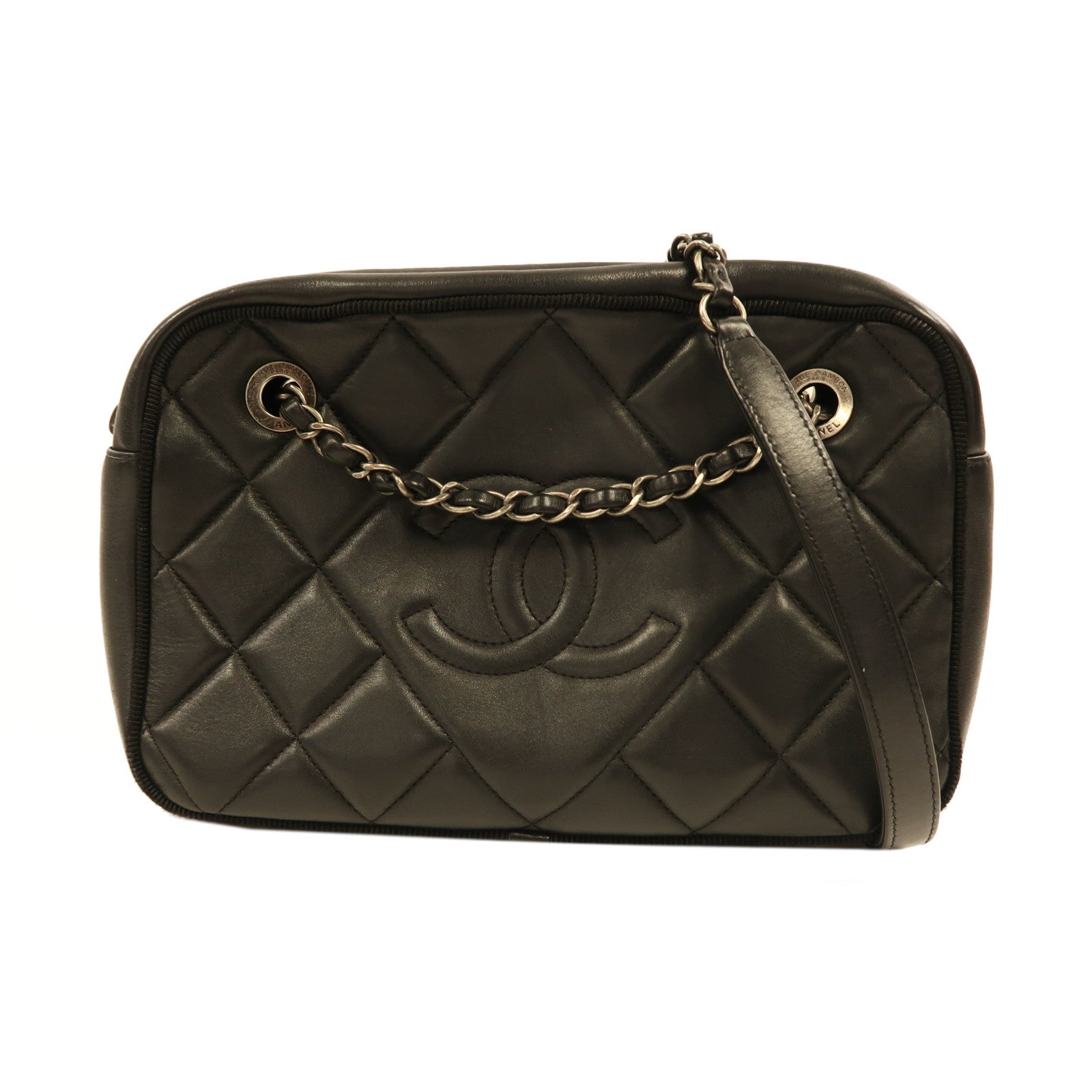 CHANEL 牛皮皮革Chain Shoulder銀扣鏈帶肩背袋黑色