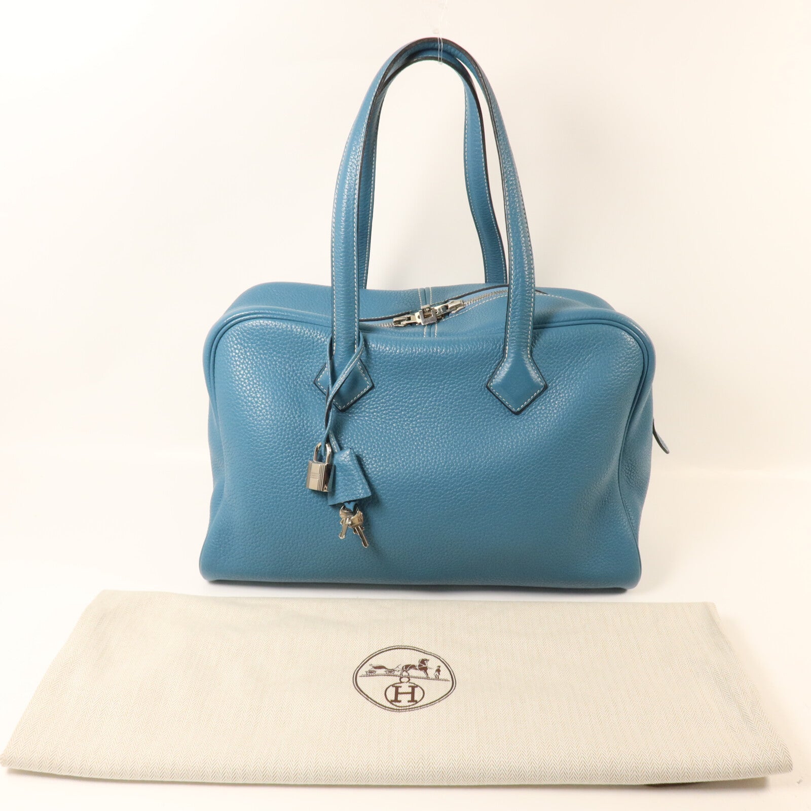 HERMES Clemence皮革Victoria 35手挽袋Bleu Jean