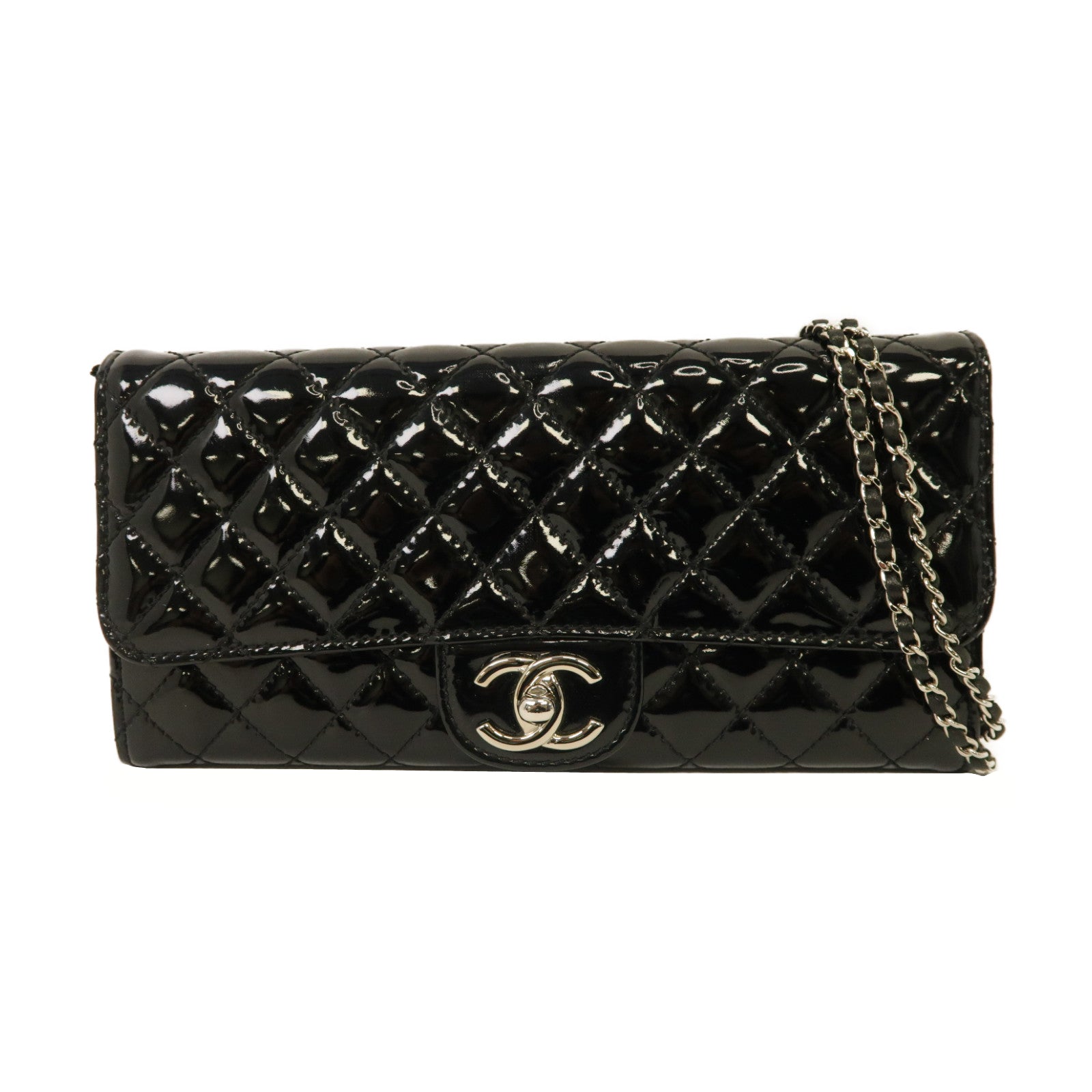 CHANEL 菱格漆皮皮革Chain Shoulder銀扣鏈帶肩背帶黑色