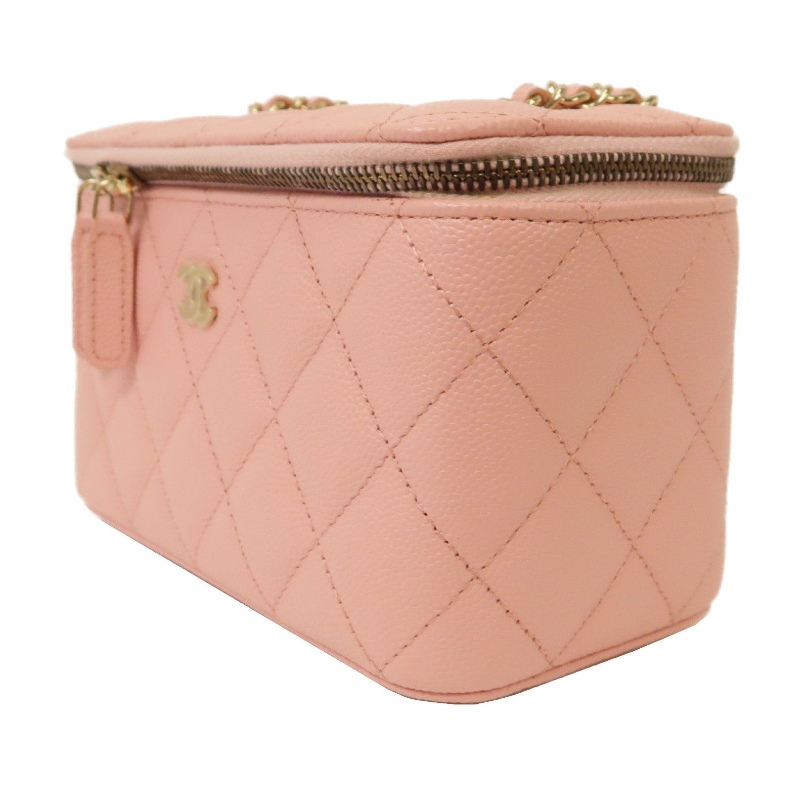 CHANEL 菱格Caviar皮革Vanity Case金扣鏈帶肩背袋粉紅色