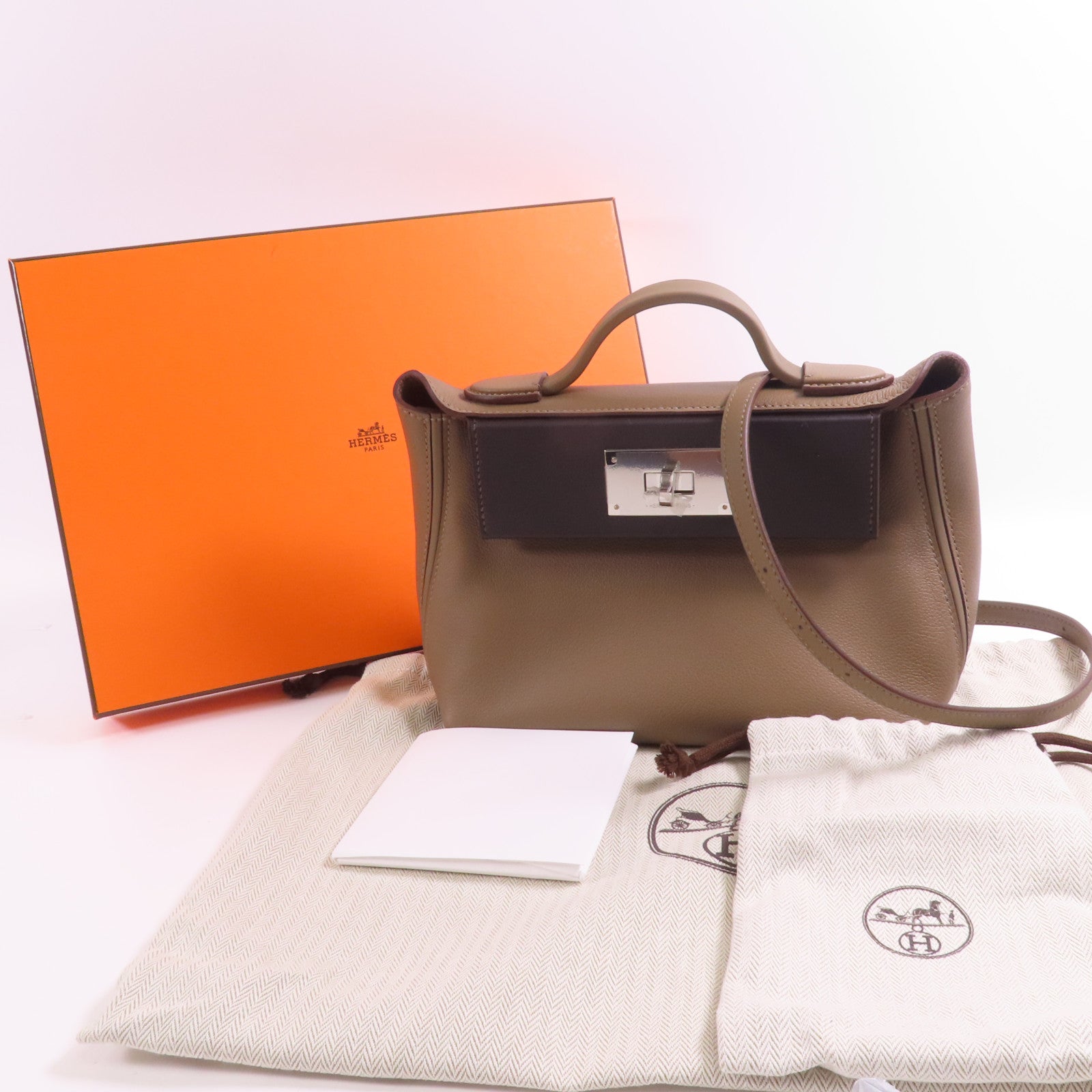 HERMES Evercolor/Swift皮革24/24 Mini銀扣手挽肩背兩用袋Etoupe/Ebene