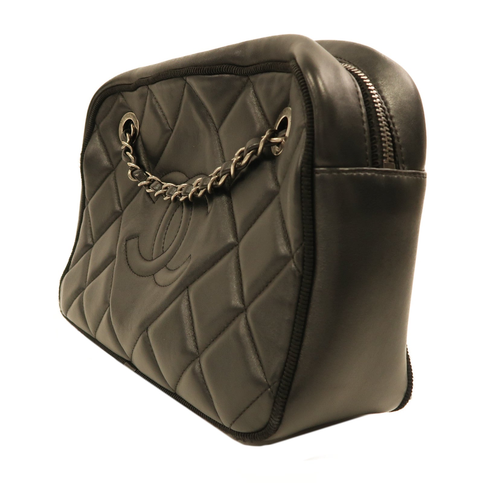 CHANEL 牛皮皮革Chain Shoulder銀扣鏈帶肩背袋黑色