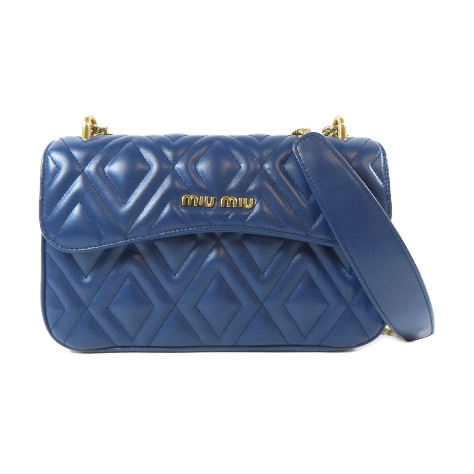 Miu Miu 菱格牛皮皮革Shoulder Bag金扣鏈帶肩背袋藍色