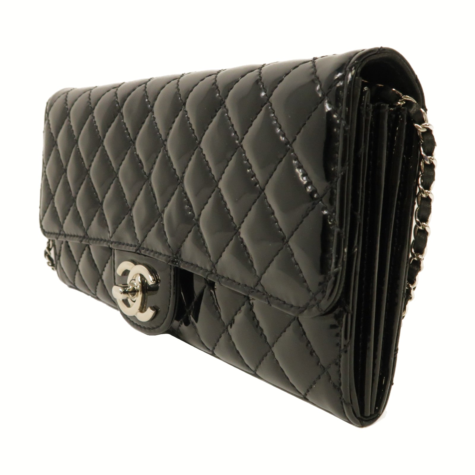 CHANEL 菱格漆皮皮革Chain Shoulder銀扣鏈帶肩背帶黑色