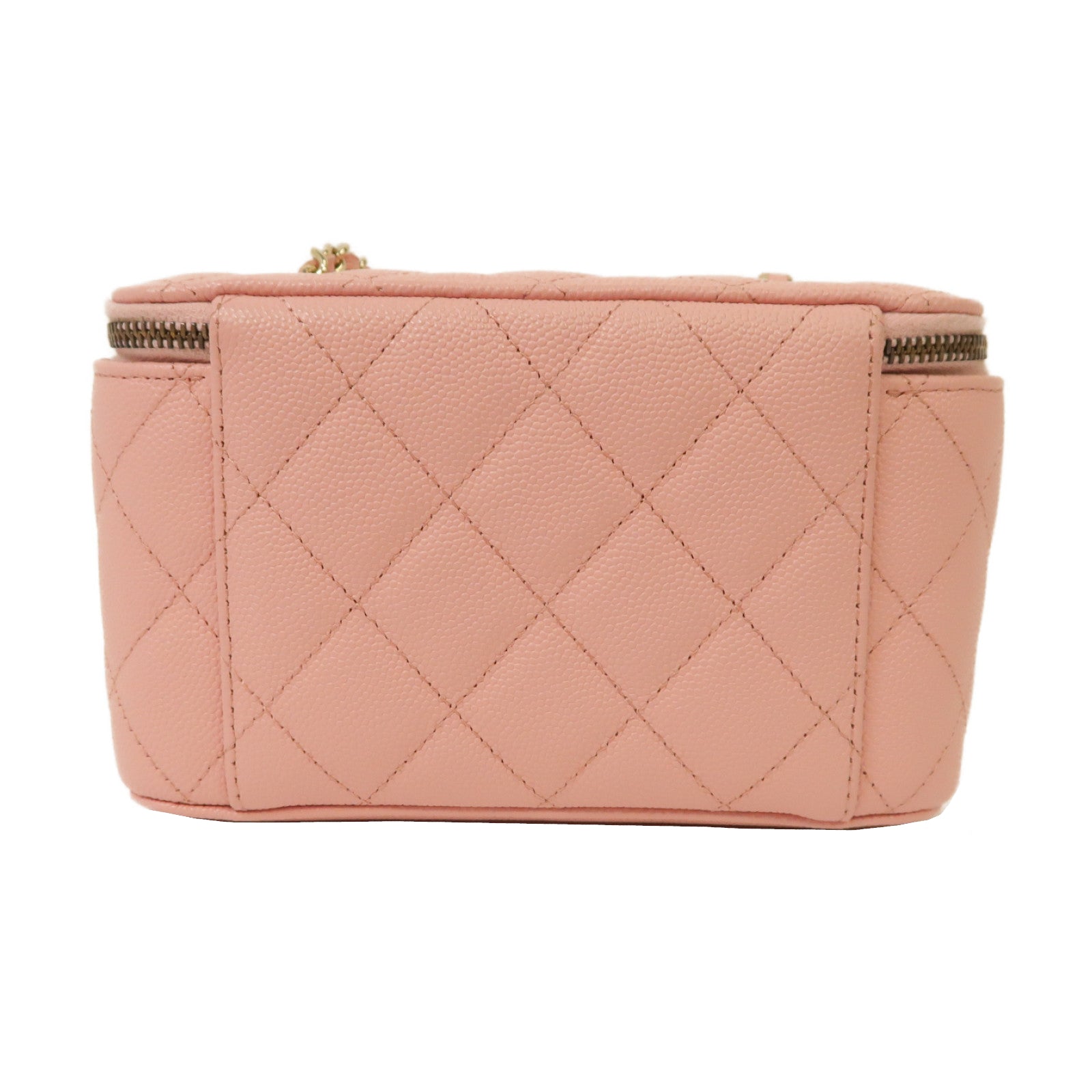 CHANEL 菱格Caviar皮革Vanity Case金扣鏈帶肩背袋粉紅色