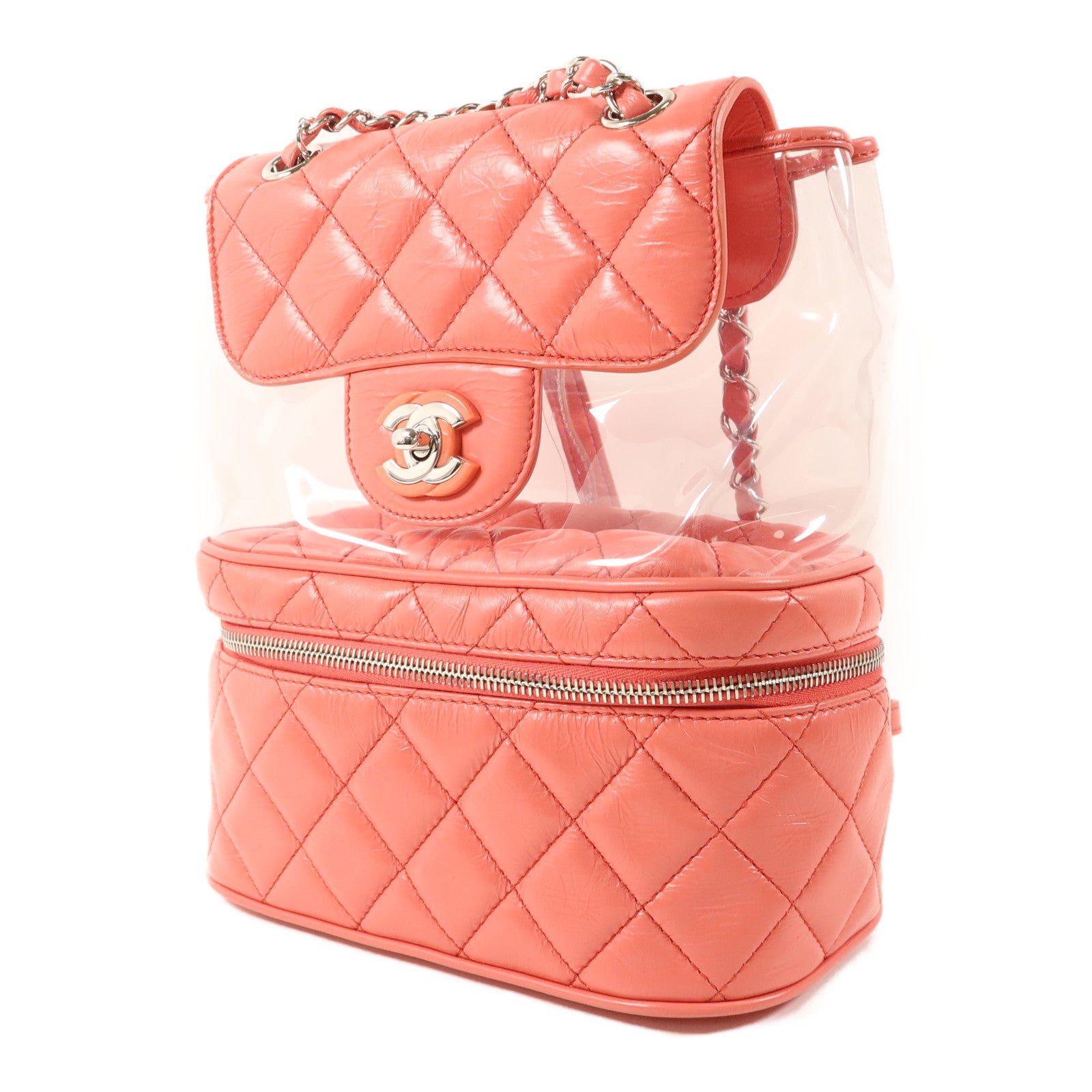 CHANEL 牛皮皮革/PVC Matelasse Backpack銀扣背包