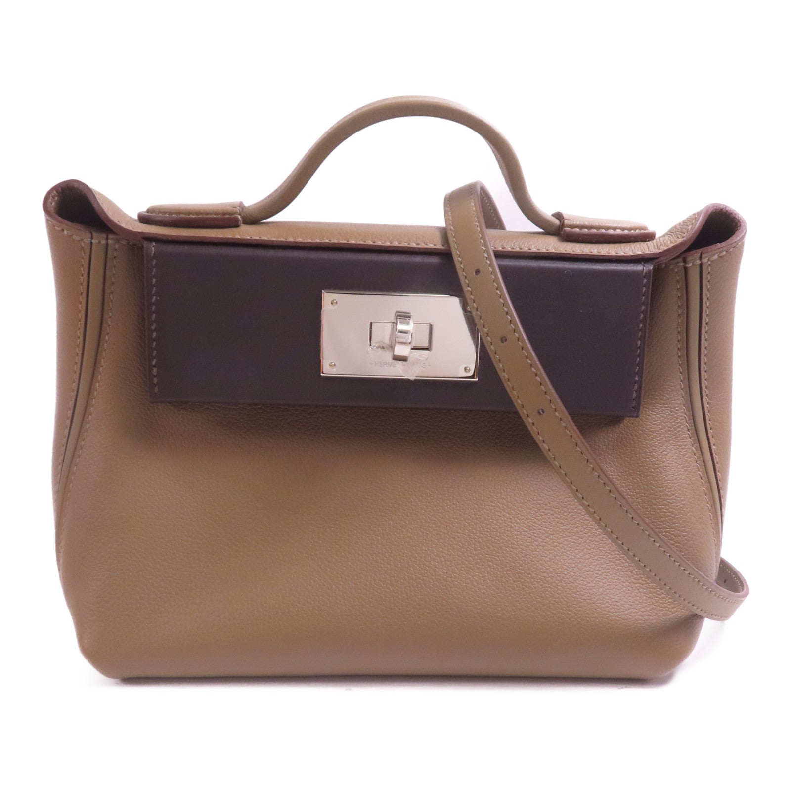HERMES Evercolor/Swift皮革24/24 Mini銀扣手挽肩背兩用袋Etoupe/Ebene
