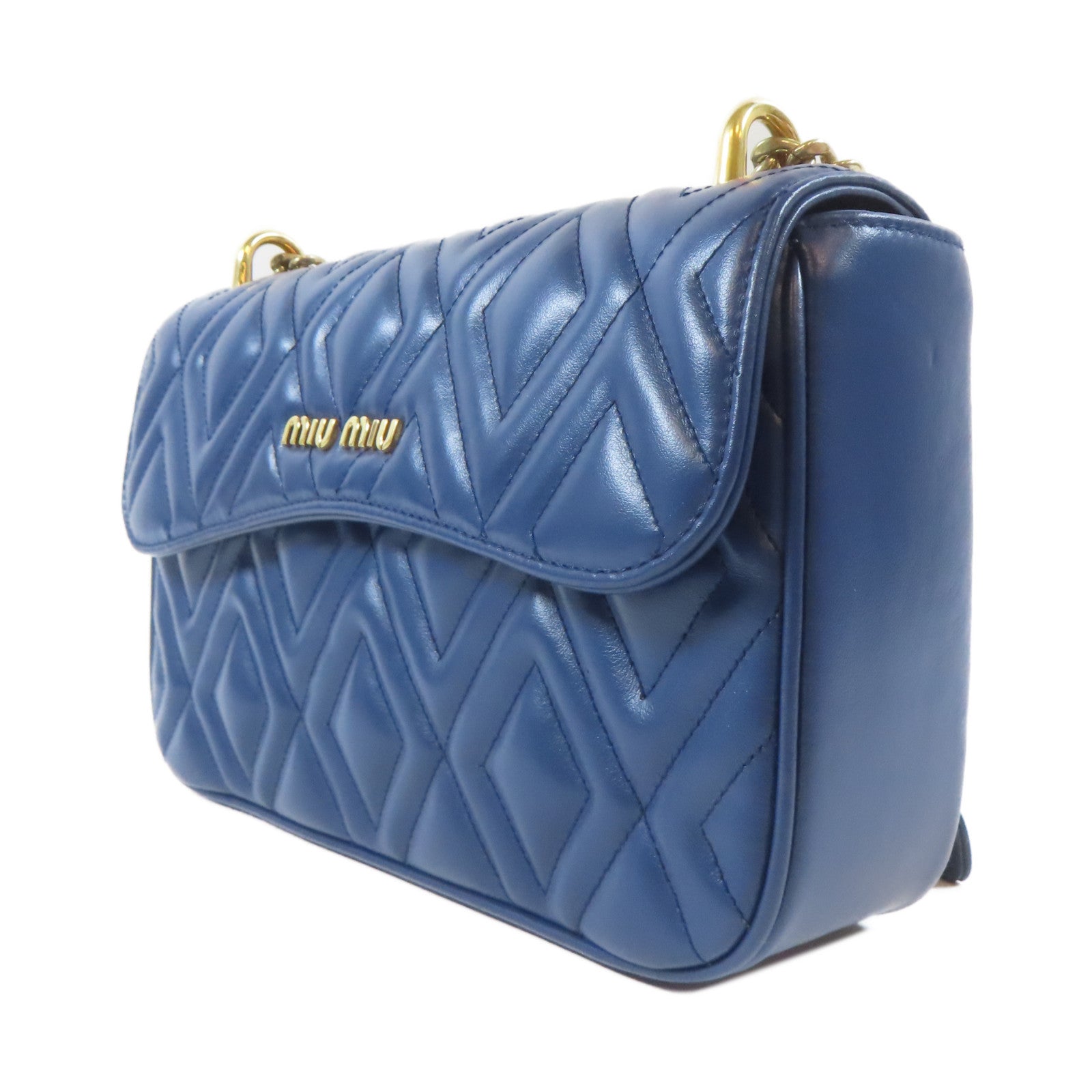 Miu Miu 菱格牛皮皮革Shoulder Bag金扣鏈帶肩背袋藍色