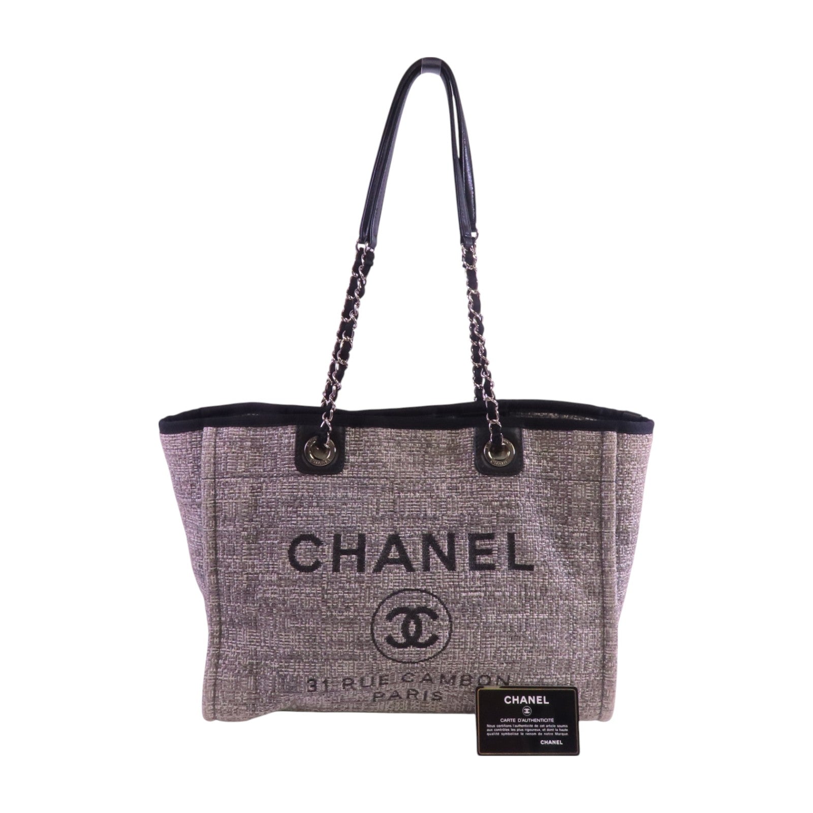CHANEL 帆布Deauville Tote銀扣肩背袋