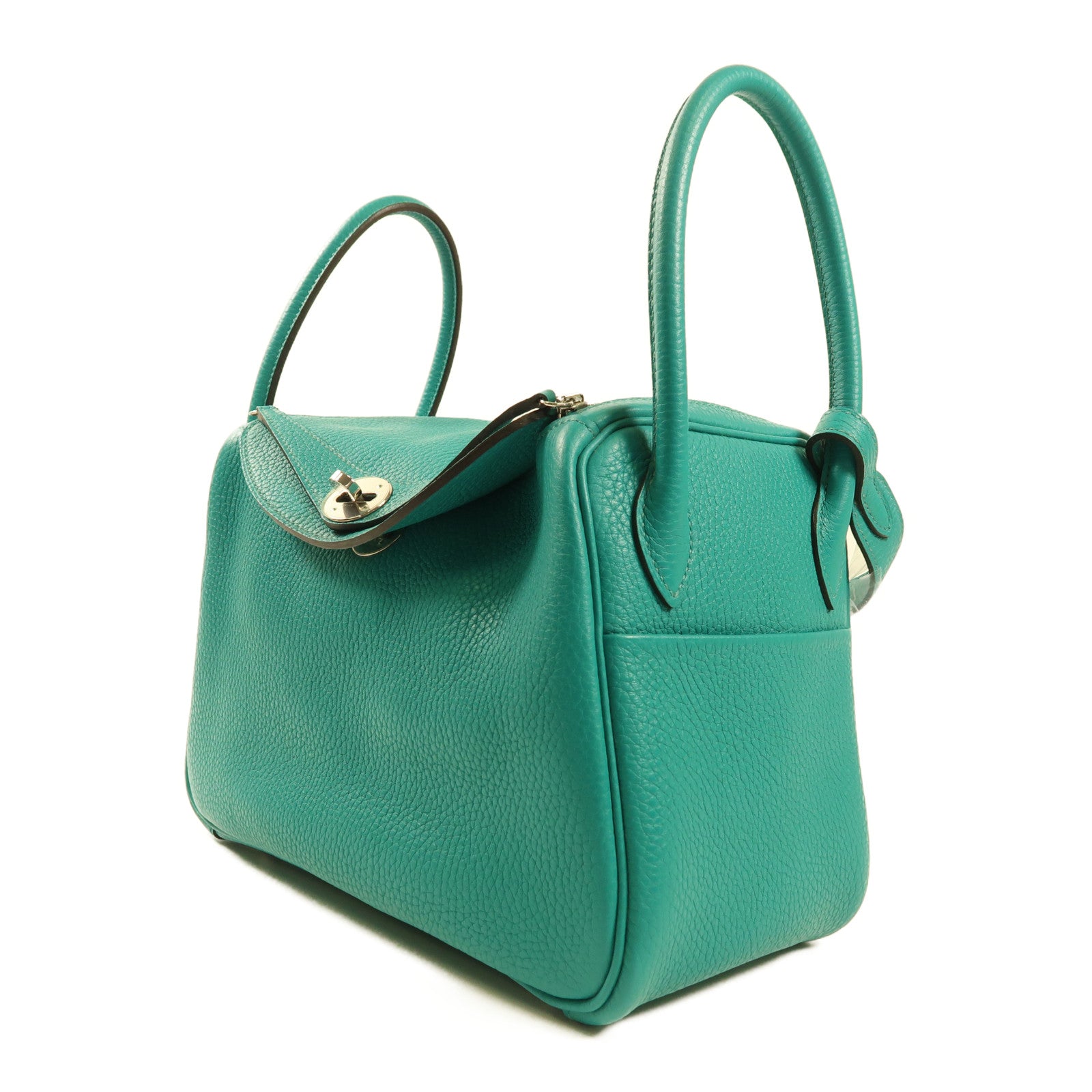 HERMES Clemence皮革Lindy 26銀扣手挽肩背兩用袋Bleu Paon藍色