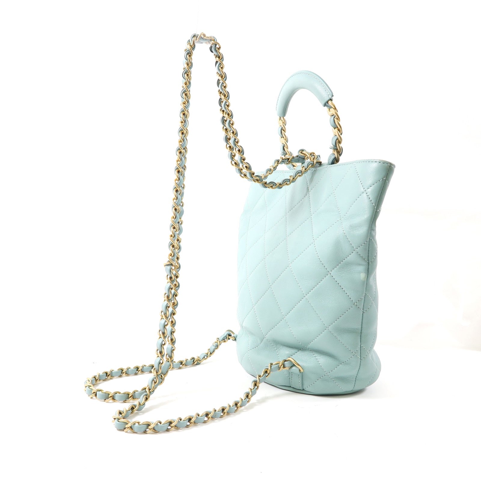 CHANEL 菱格牛皮皮革Backpack金扣鏈帶背包淺綠色