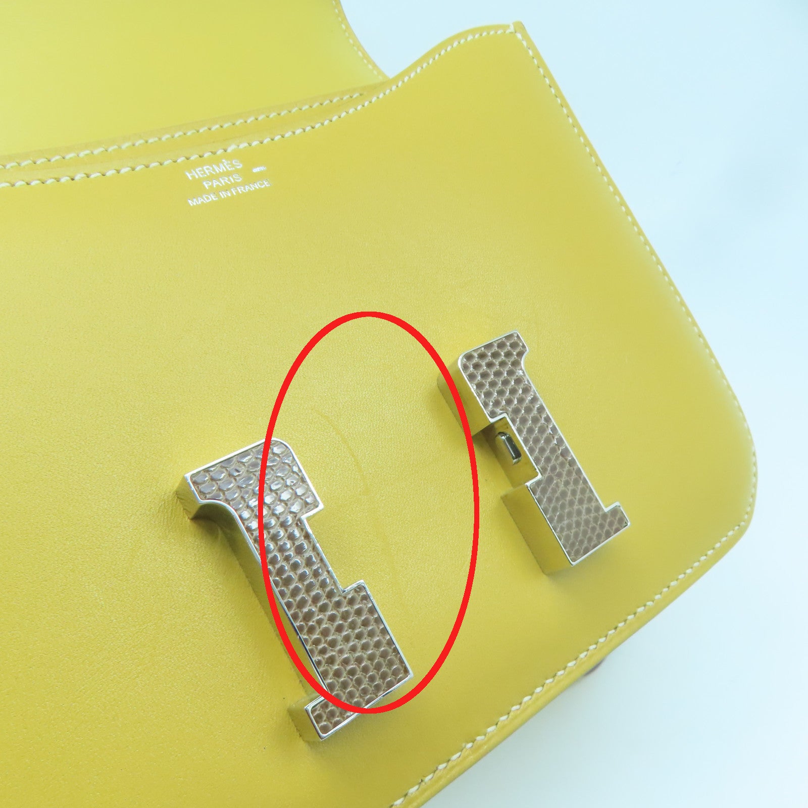 HERMES Tadelakt Leather / Lizard Leather Mini Constance Silver Buckle Shoulder Bag Straw Yellow