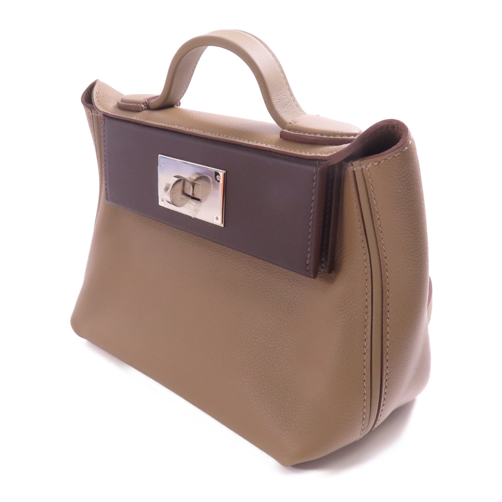 HERMES Evercolor/Swift皮革24/24 Mini銀扣手挽肩背兩用袋Etoupe/Ebene