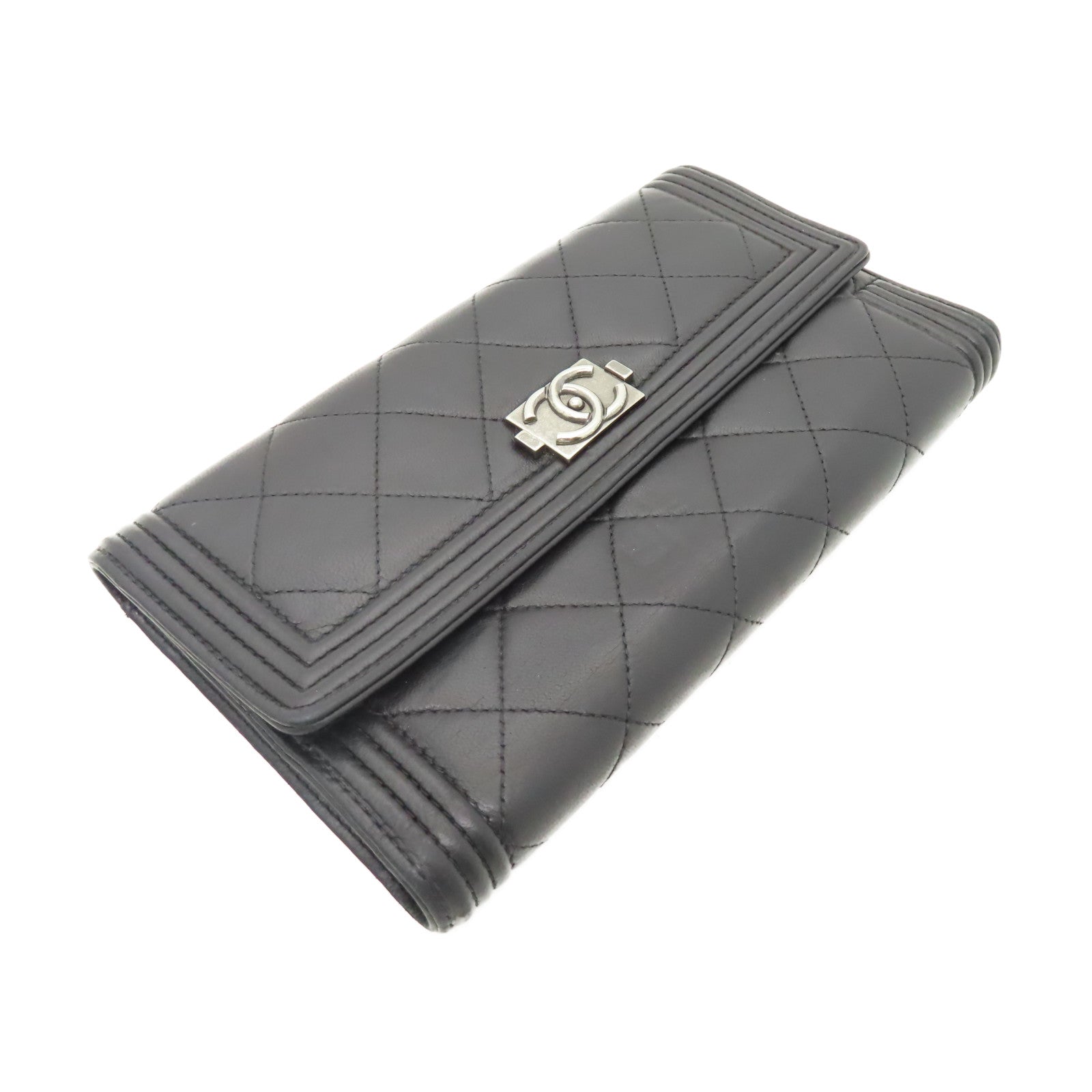 CHANEL 【清倉大減價】菱格牛皮皮革Boy Long Wallet銀扣長錢包黑色