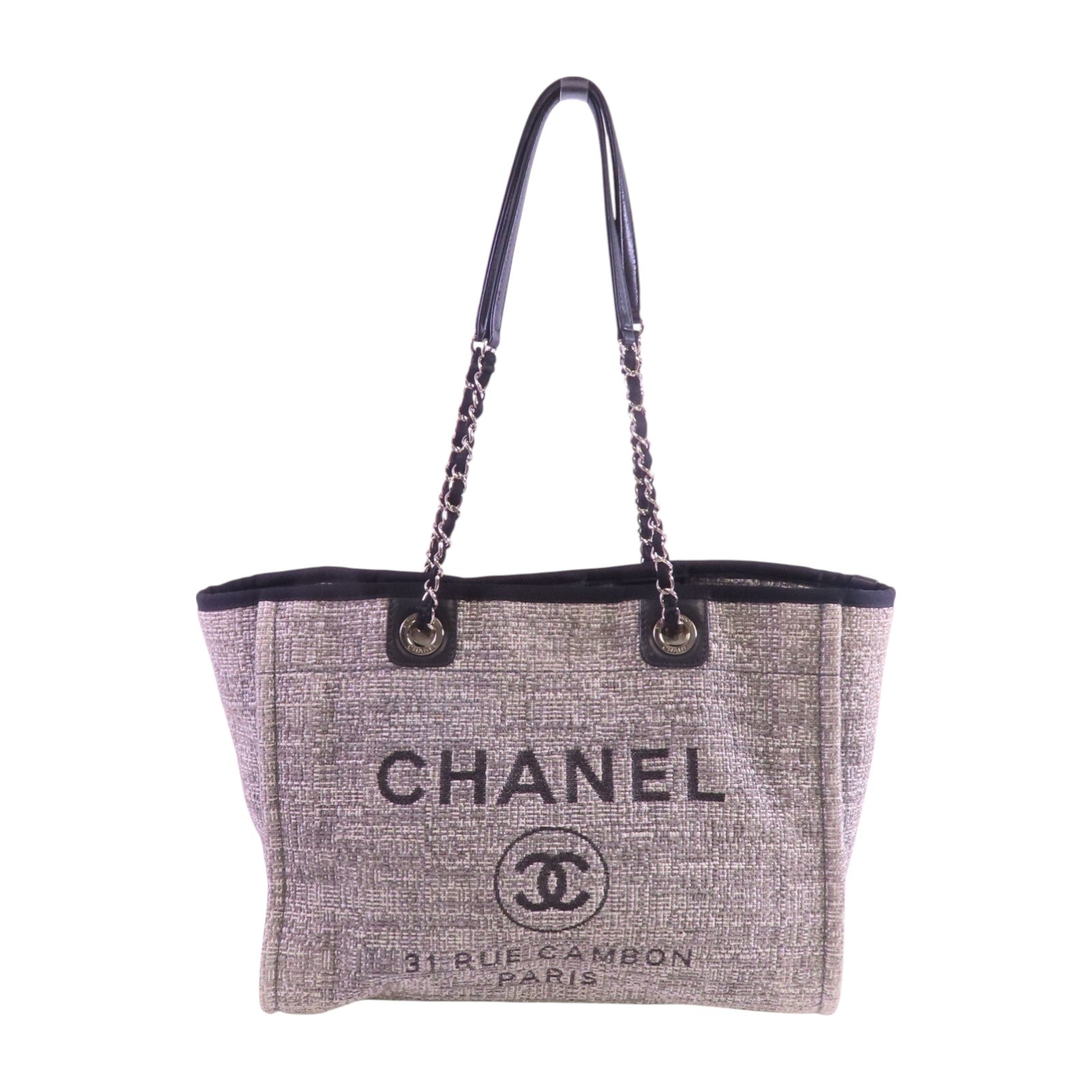 CHANEL 帆布Deauville Tote銀扣肩背袋