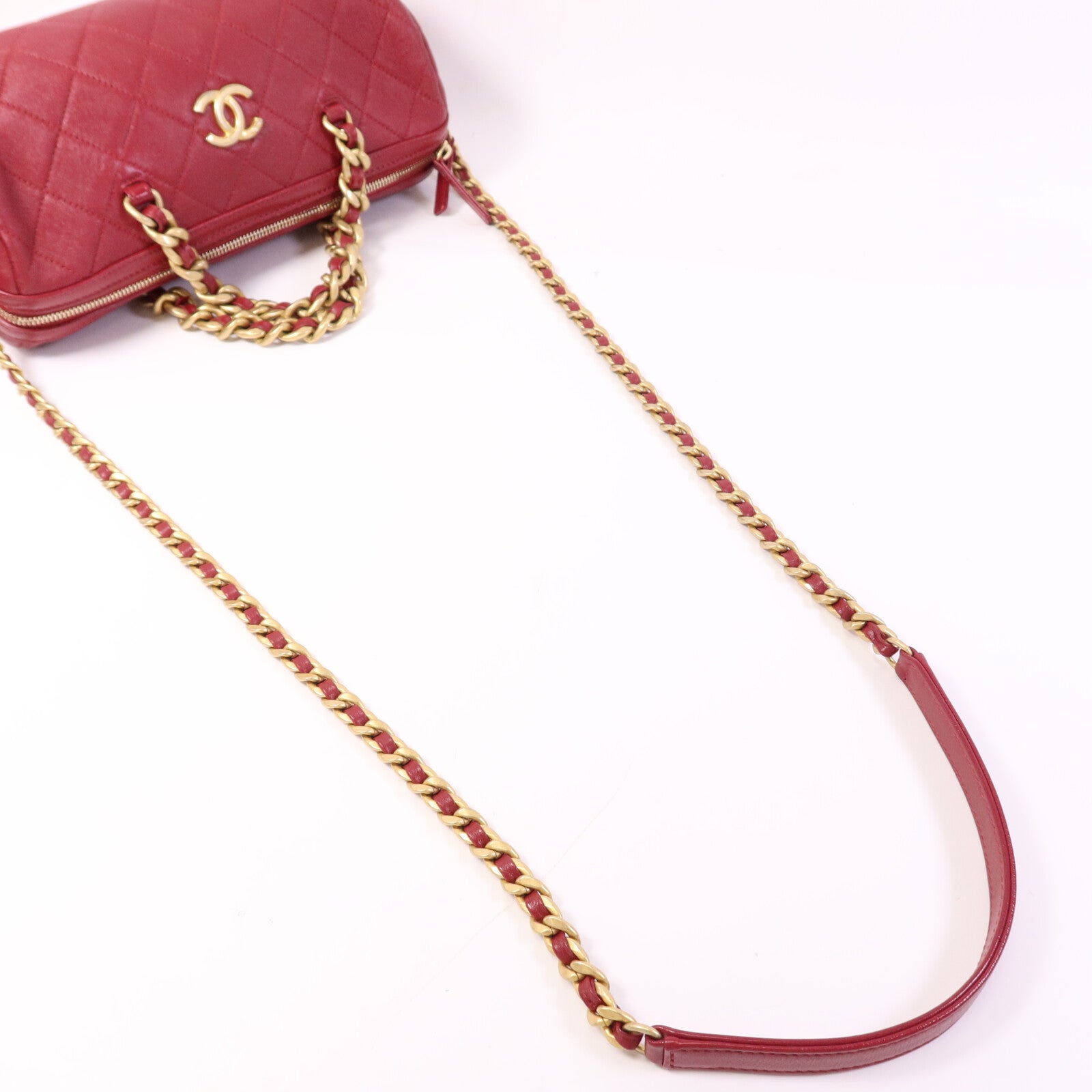 CHANEL 牛皮皮革Bowling Bag金扣鏈帶手挽肩背兩用袋