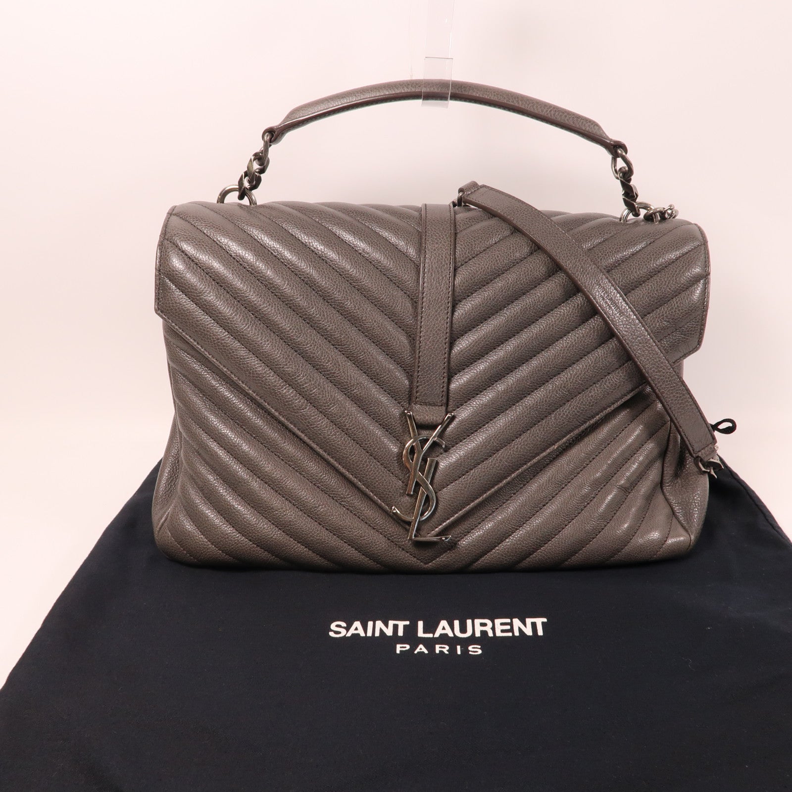 YVES SAINT LAURENT 斜紋牛皮皮革Monogram College銀扣手挽肩背兩用袋灰色