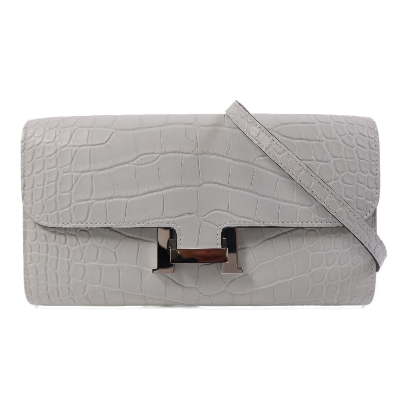 HERMES Alligator Mat皮革Constance To Go銀扣肩背袋Gris Neve