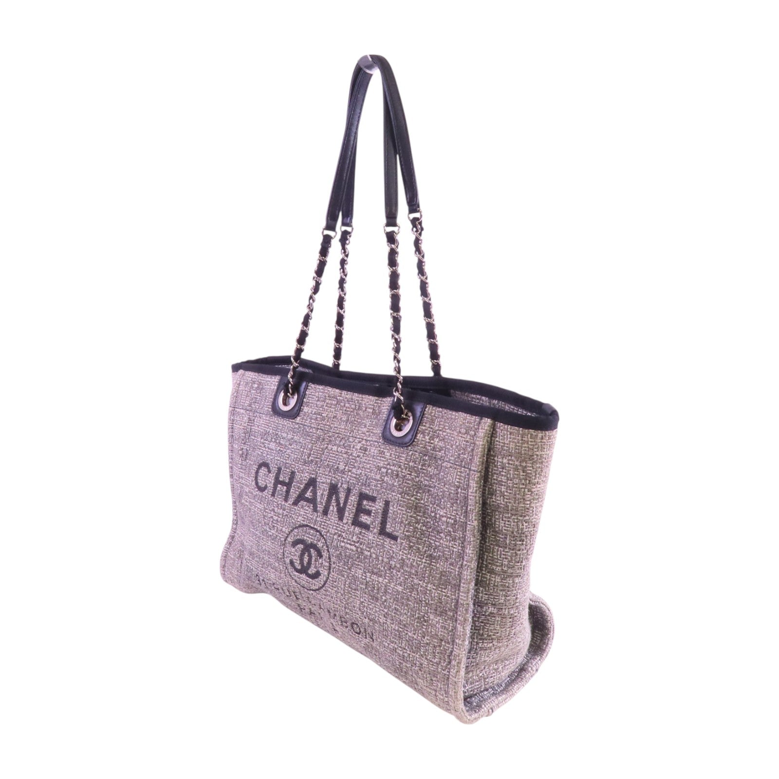CHANEL 帆布Deauville Tote銀扣肩背袋