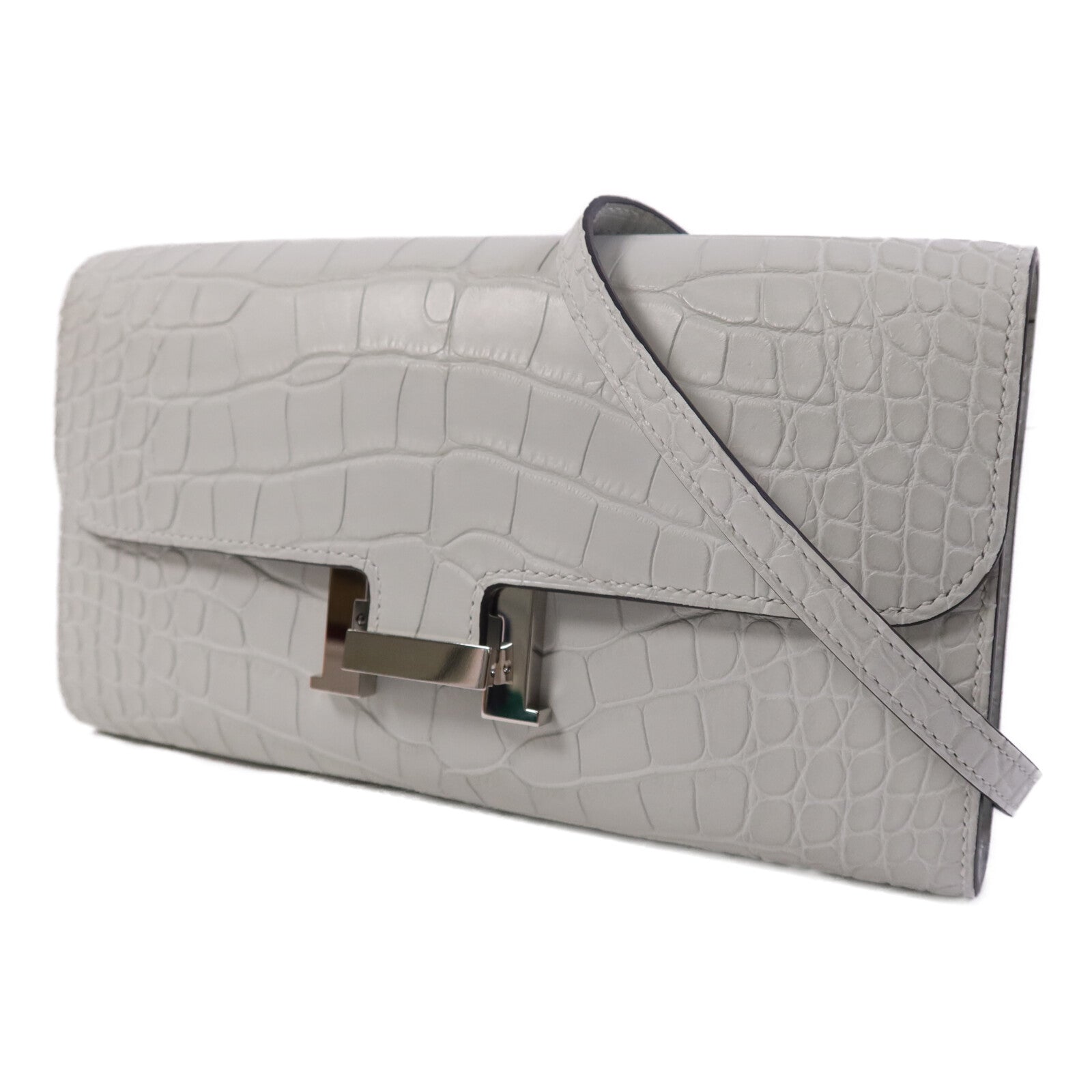 HERMES Alligator Mat皮革Constance To Go銀扣肩背袋Gris Neve