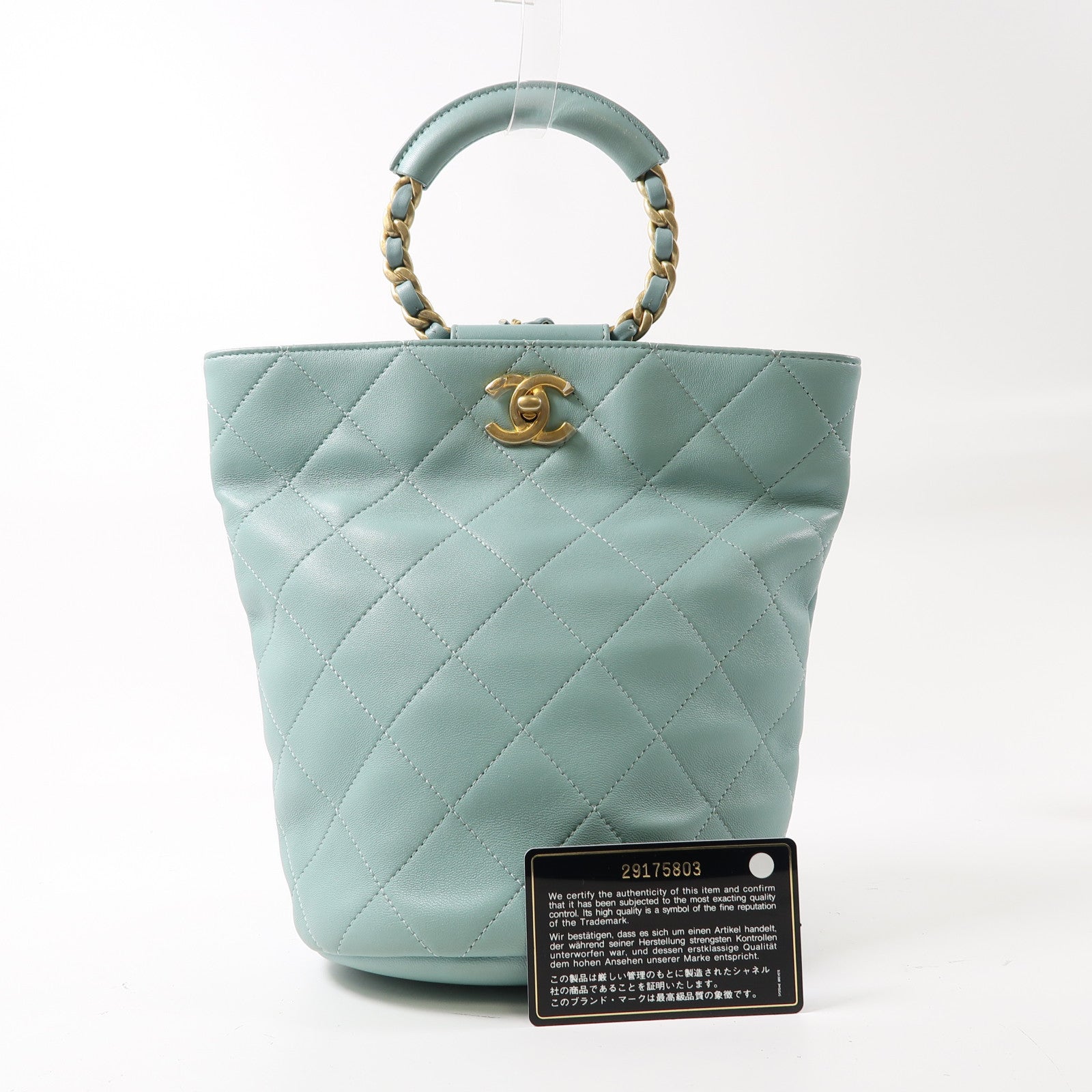 CHANEL 菱格牛皮皮革Backpack金扣鏈帶背包淺綠色