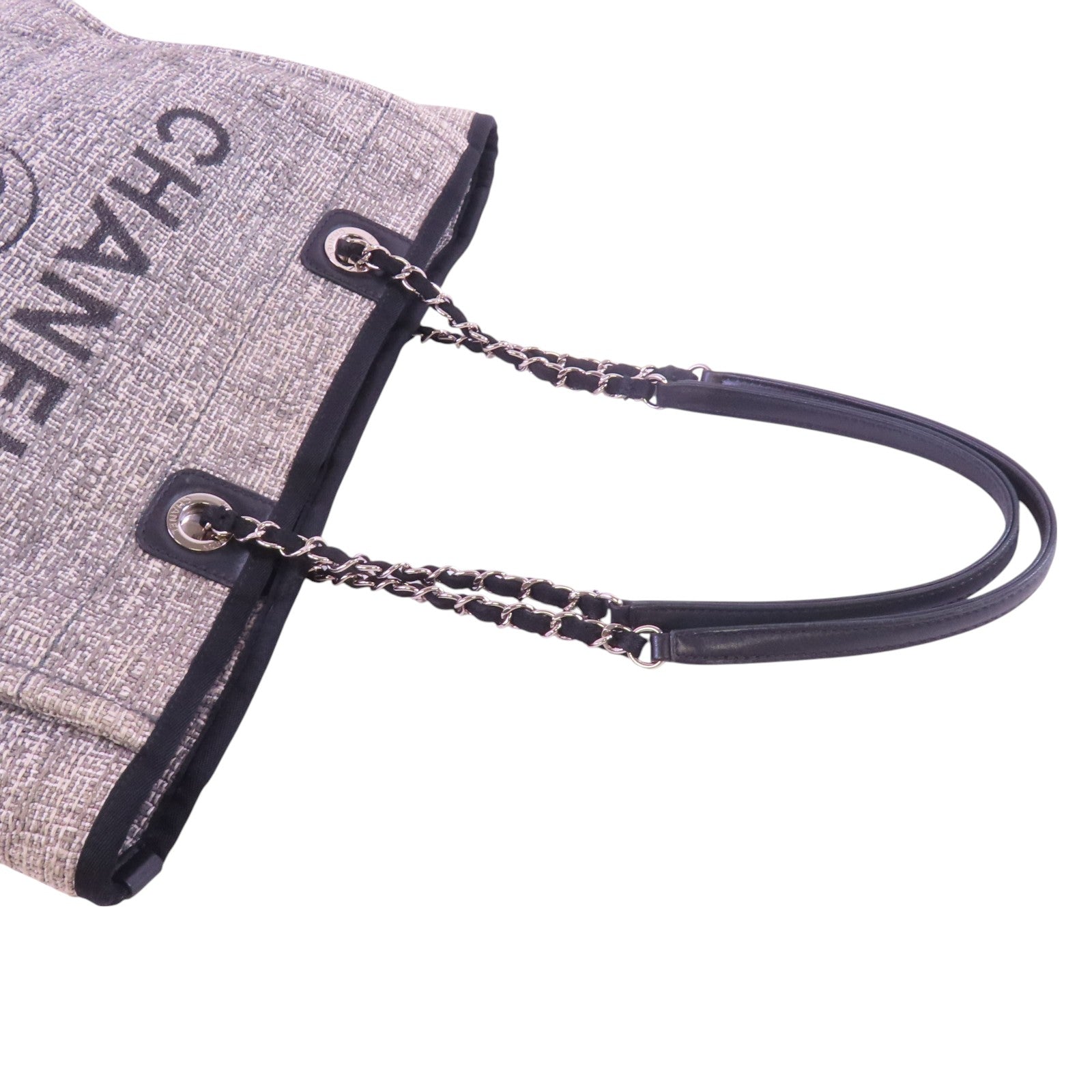 CHANEL 帆布Deauville Tote銀扣肩背袋