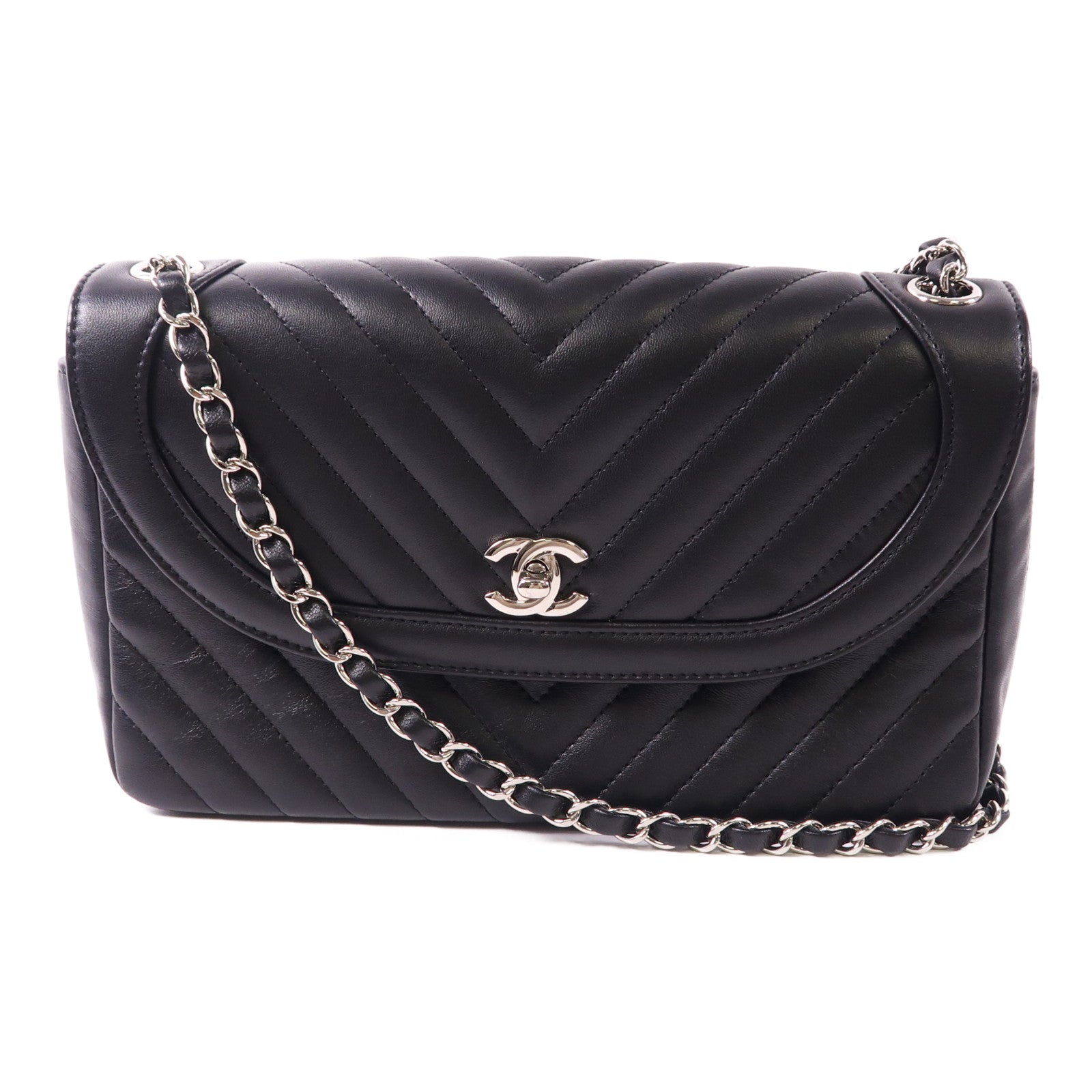 CHANEL 牛皮皮革Chain Shoulder銀扣鏈帶肩背袋