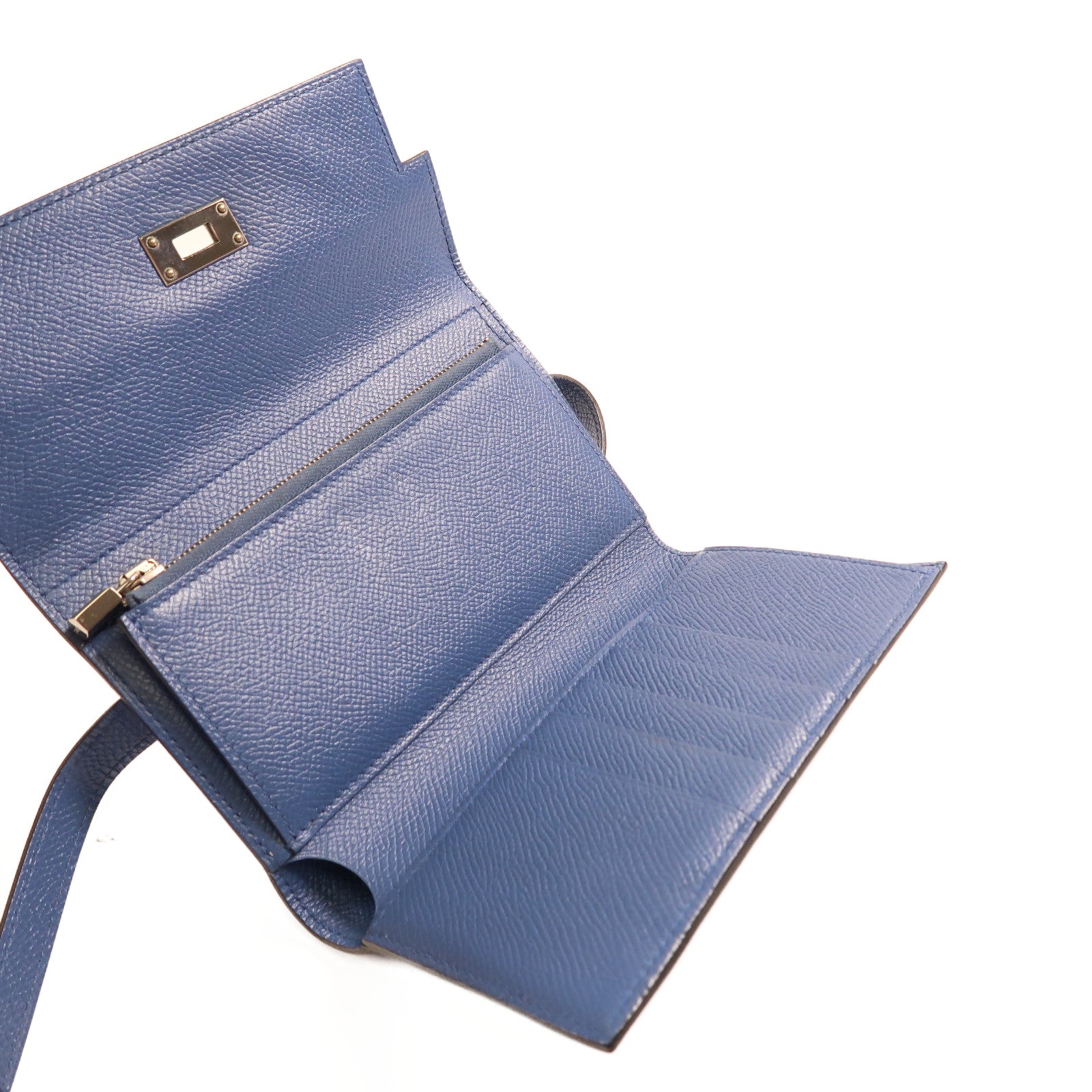 HERMES 【激減優惠】Epsom皮革Kelly Short Wallet金扣錢包Bleu Paon孔雀藍色