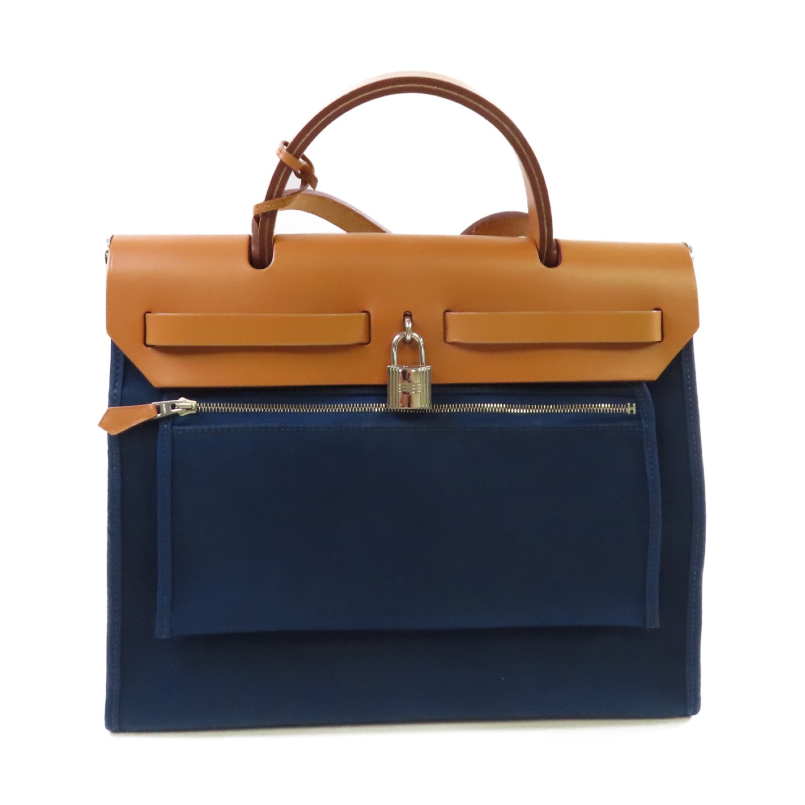 HERMES 帆布Herbag PM 2Way Shoulder Bag銀扣手挽肩背兩用袋馬爾他藍色/啡色