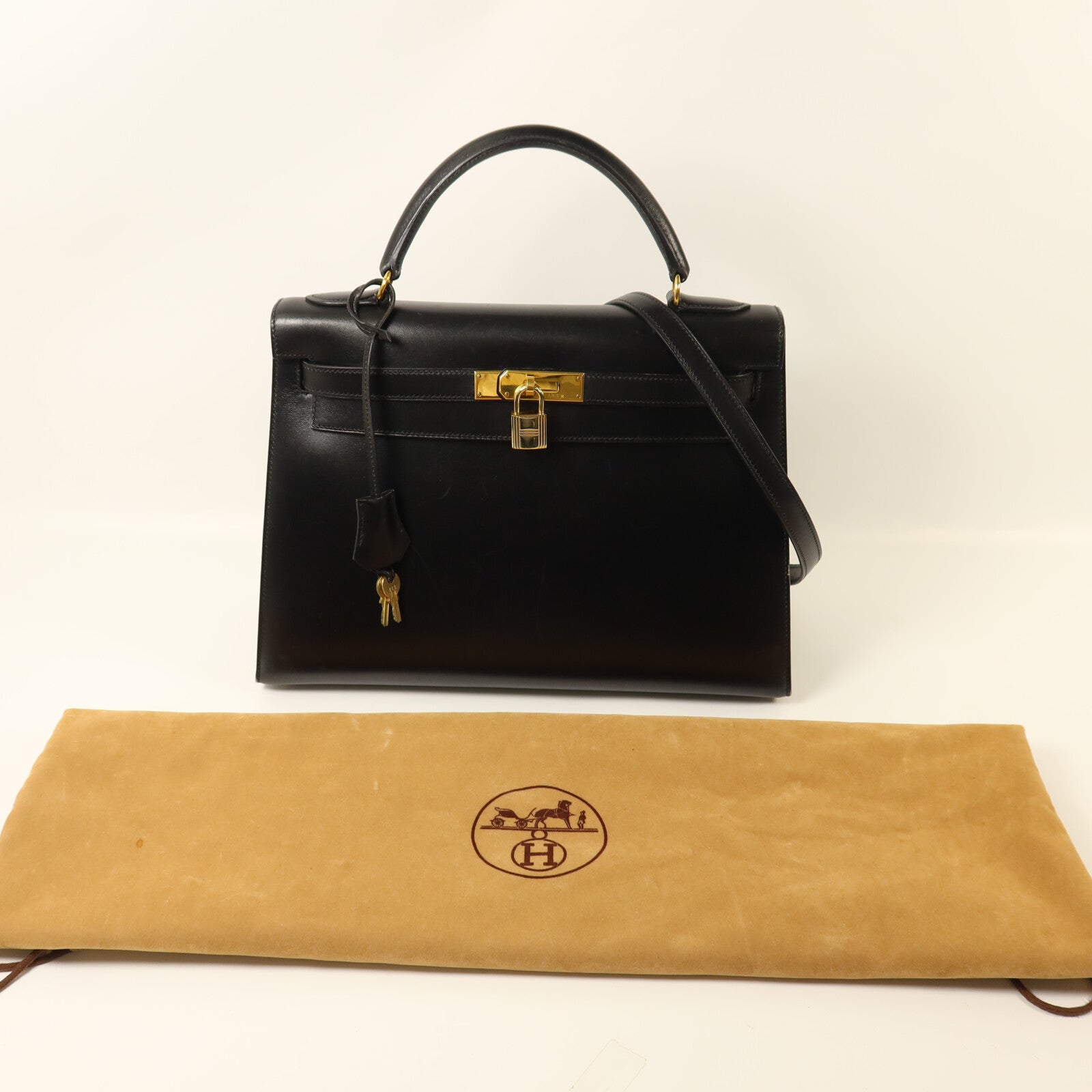HERMES Box Calf皮革Kelly 32手挽肩背兩用袋Noir