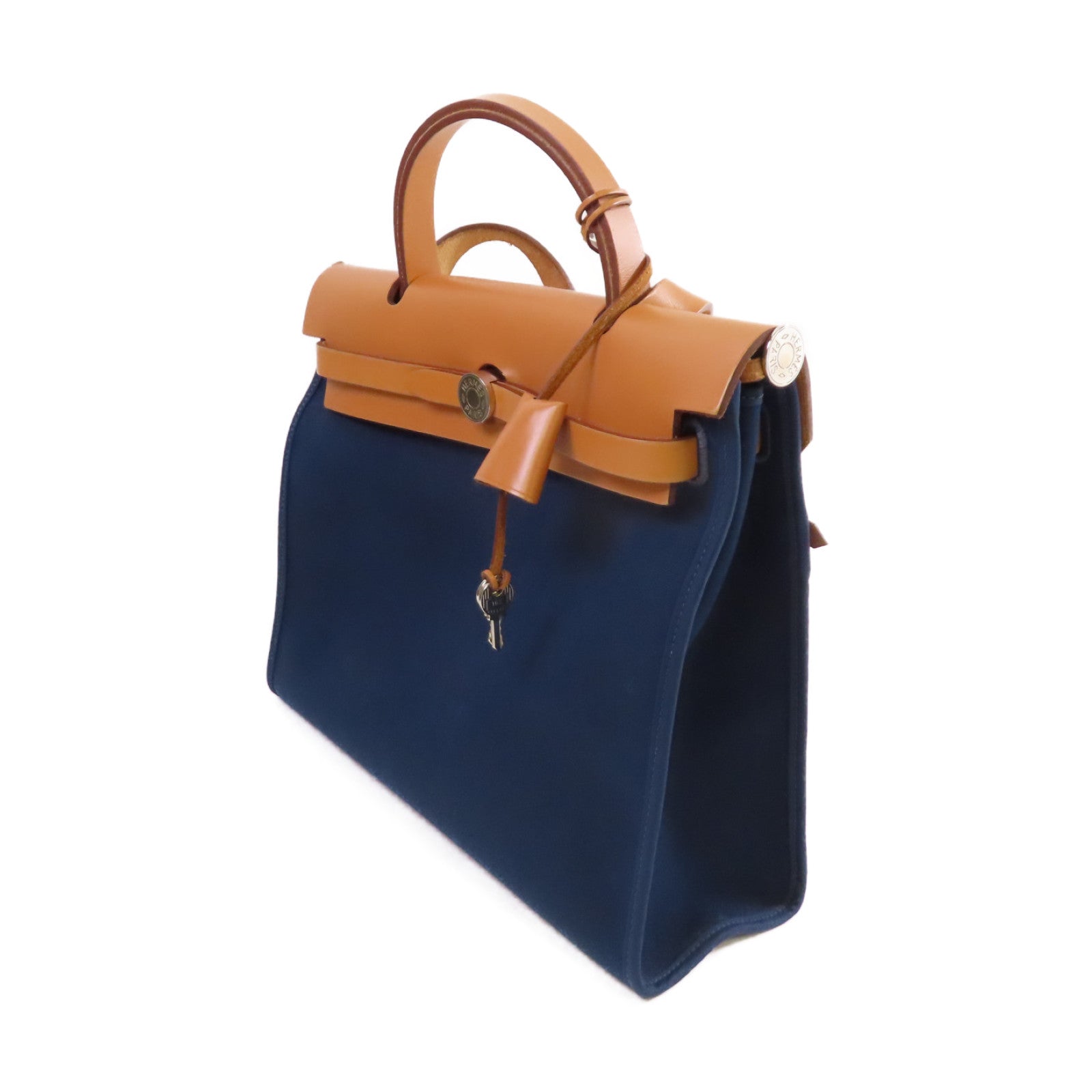 HERMES 帆布Herbag PM 2Way Shoulder Bag銀扣手挽肩背兩用袋馬爾他藍色/啡色