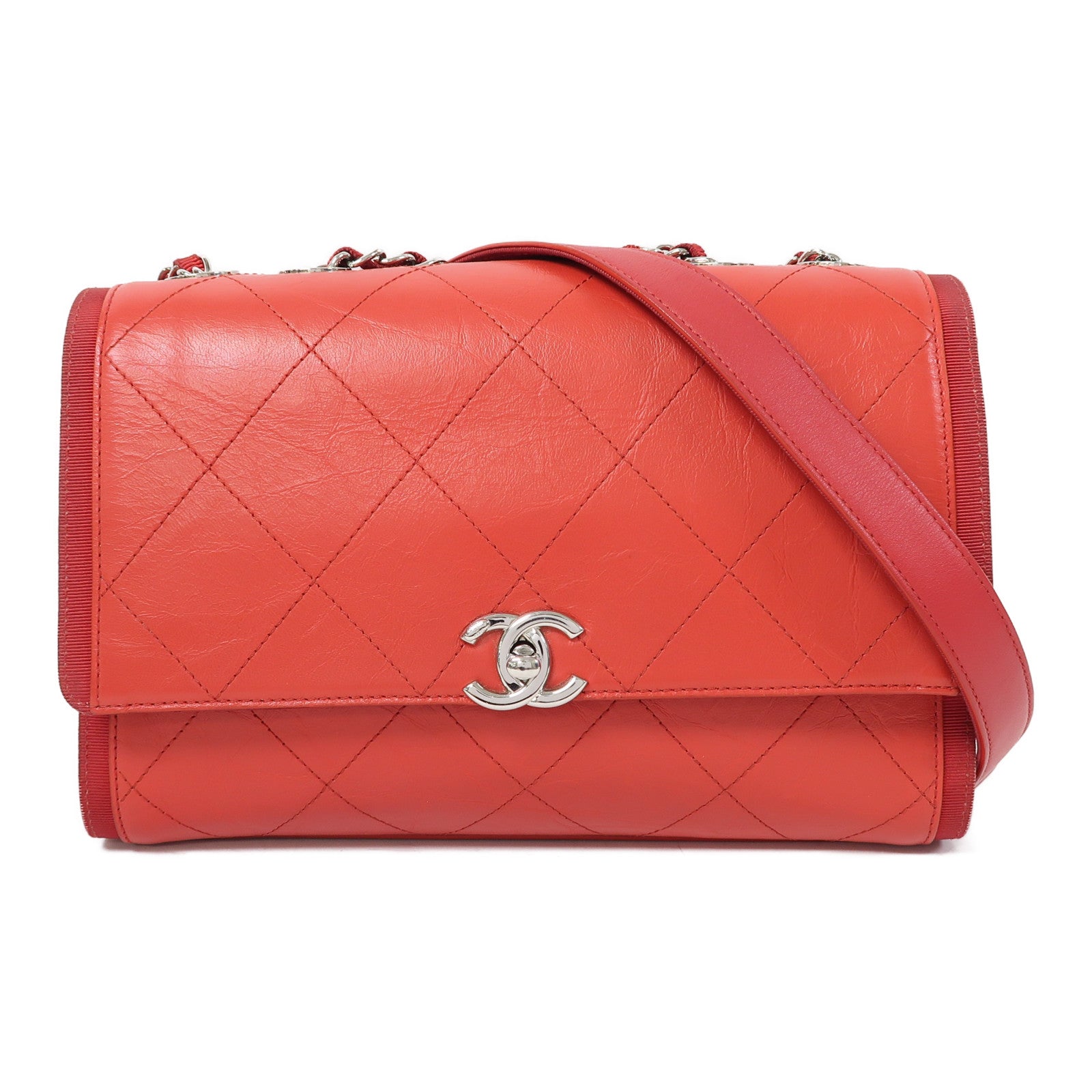 CHANEL 【激減優惠】菱格羊皮皮革Shoulder Bag銀扣鏈帶肩背袋紅色