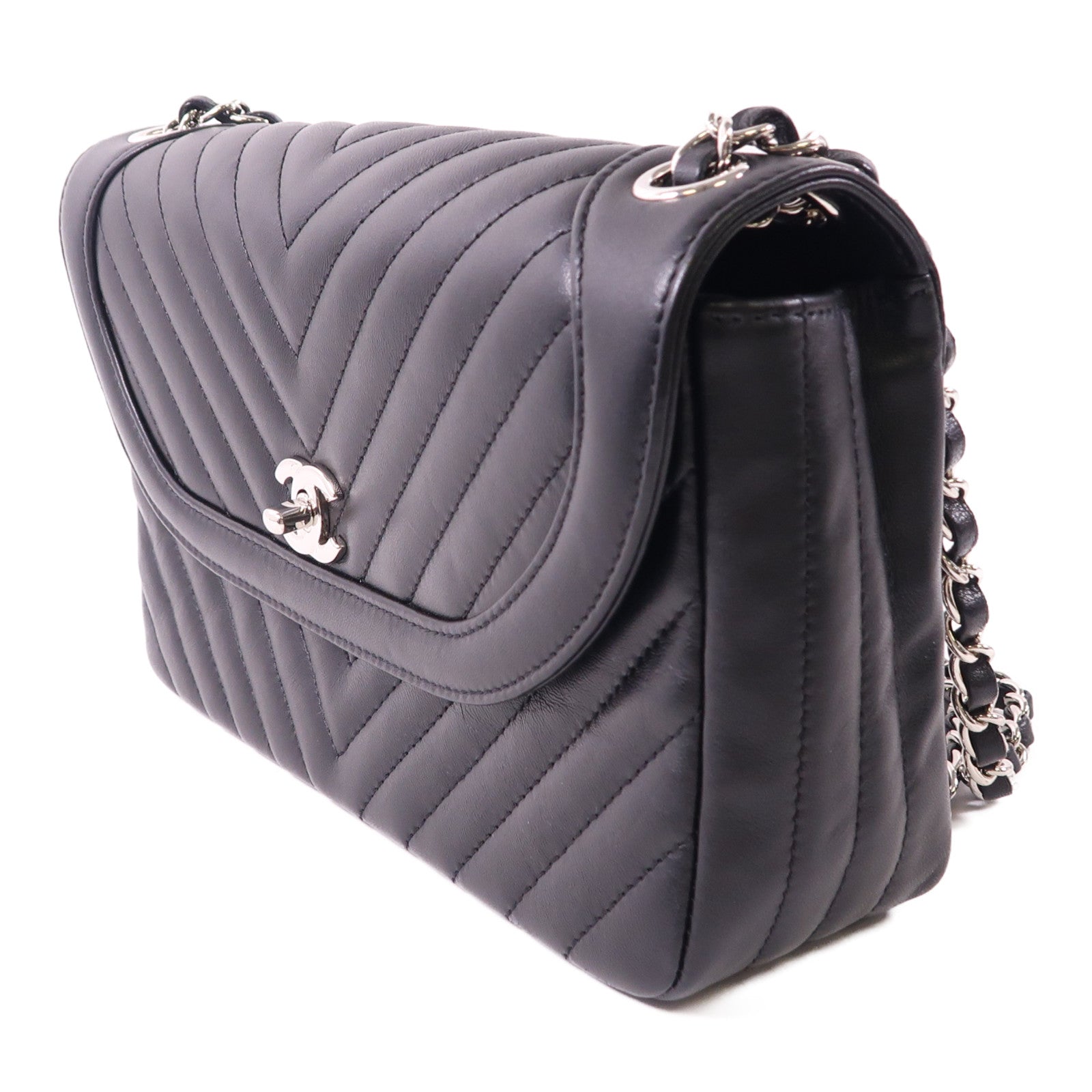 CHANEL 牛皮皮革Chain Shoulder銀扣鏈帶肩背袋