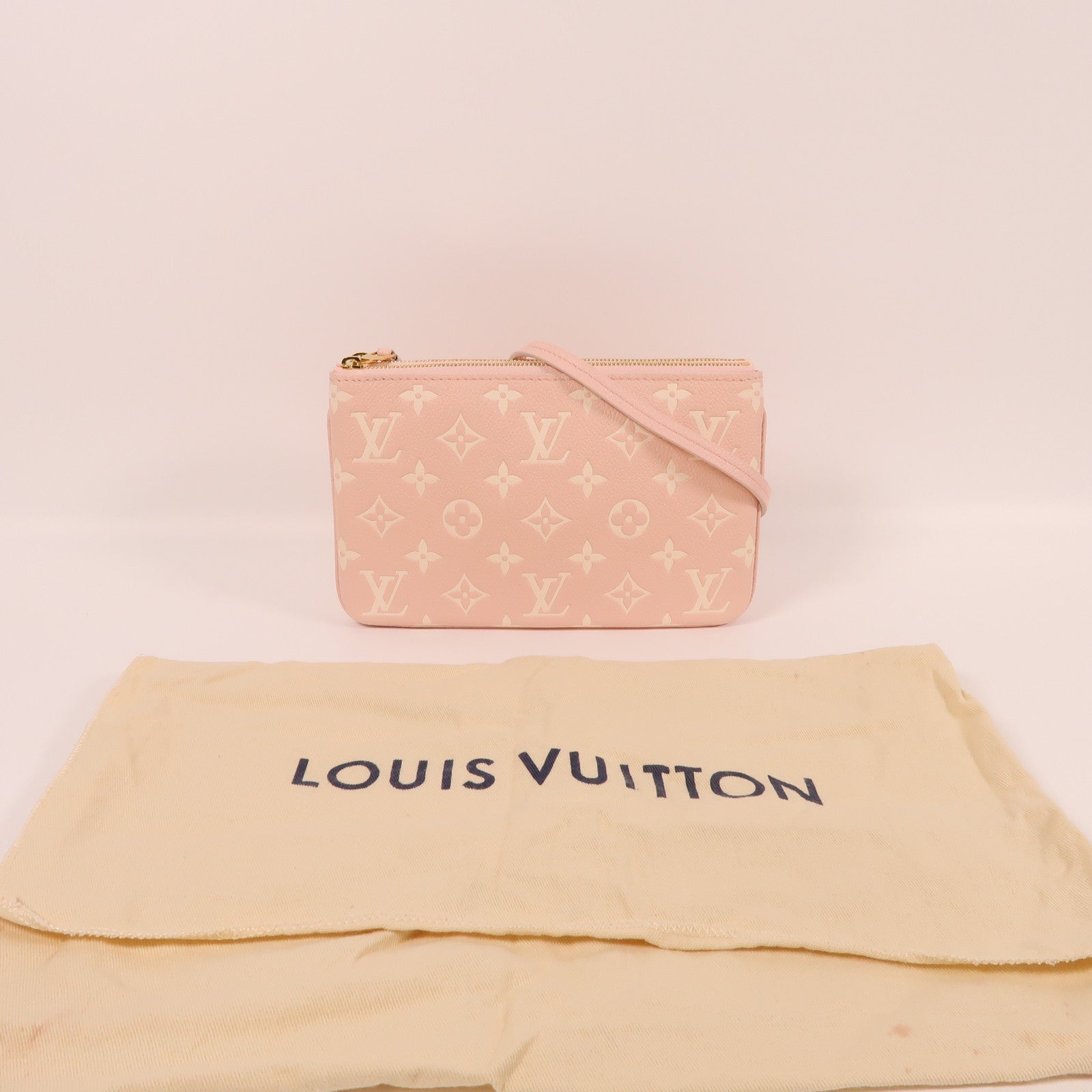 LOUIS VUITTON Monogram Empreinte Double Zip Pochette金扣肩背袋粉紅色