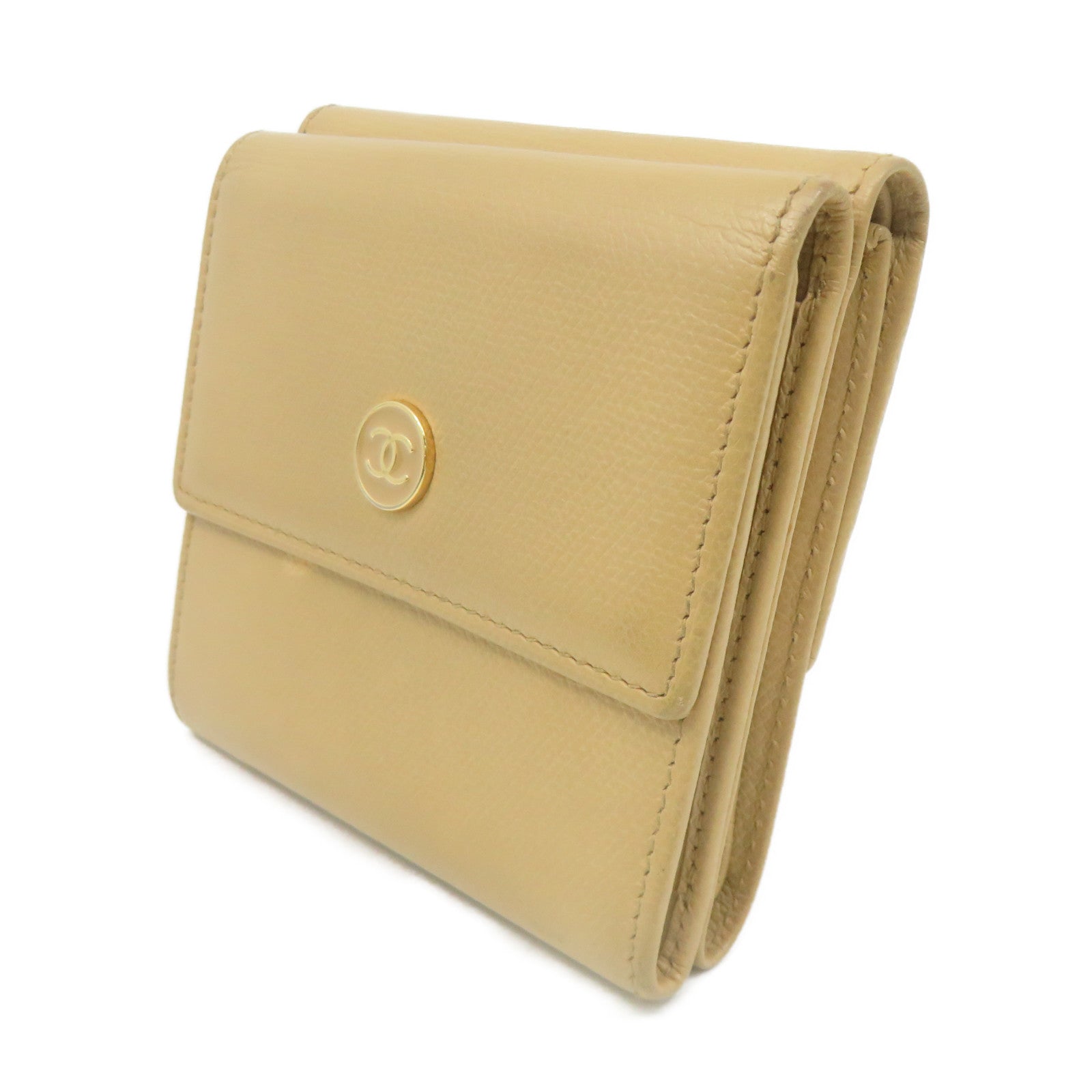 CHANEL 【激減優惠】牛皮皮革Short Wallet金扣短錢包杏色