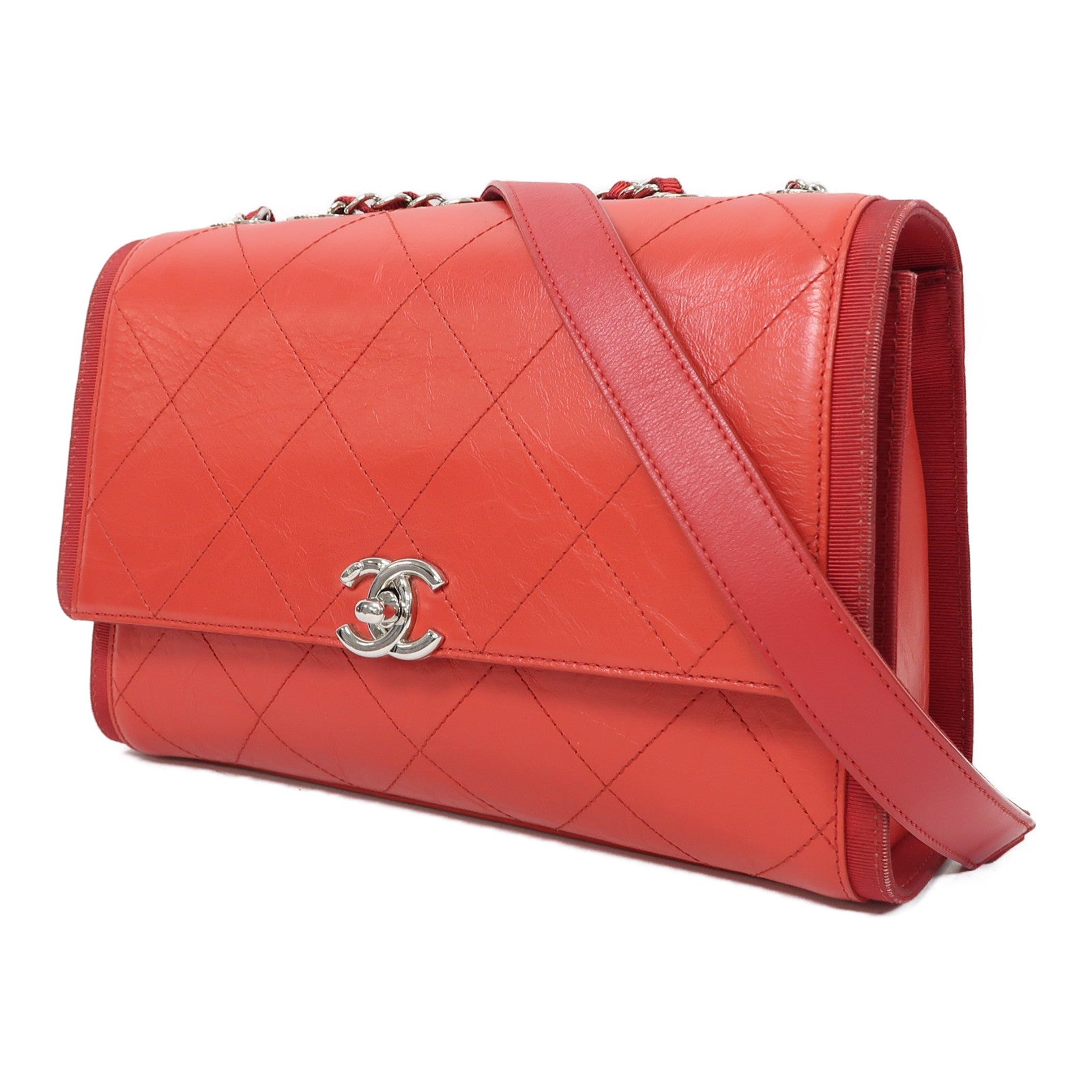 CHANEL 【激減優惠】菱格羊皮皮革Shoulder Bag銀扣鏈帶肩背袋紅色