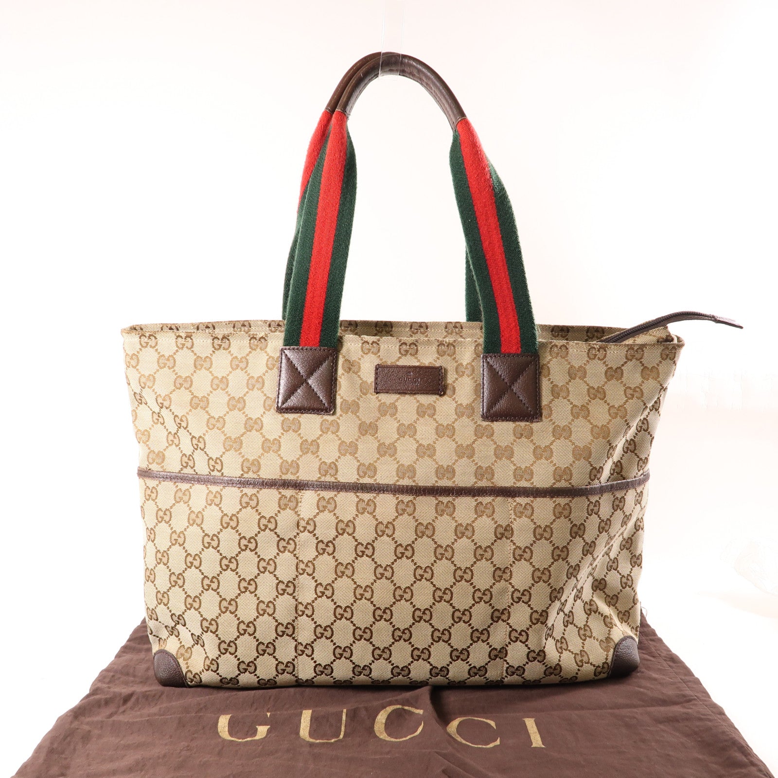 GUCCI 帆布GG Webbing Line手挽袋棕色