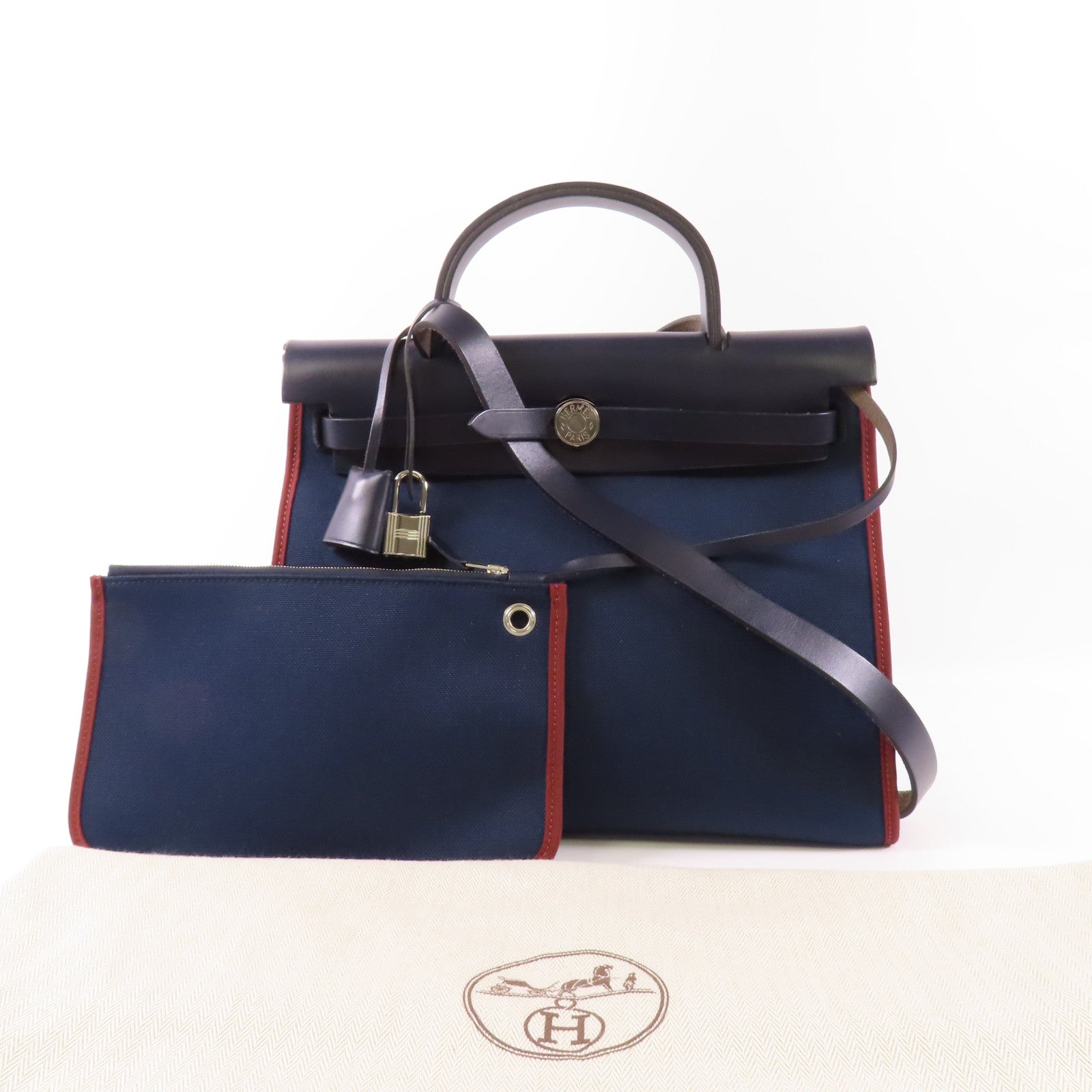 HERMES 帆布Herbag銀扣手挽肩背兩用袋76 Bleu Indigo