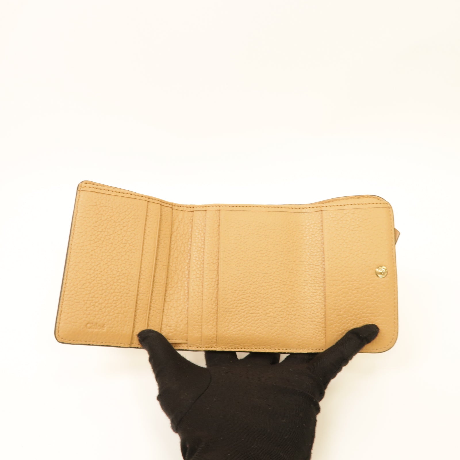 Chloe 牛皮皮革Alphabet Small Tri-Fold Wallet金扣錢包杏色