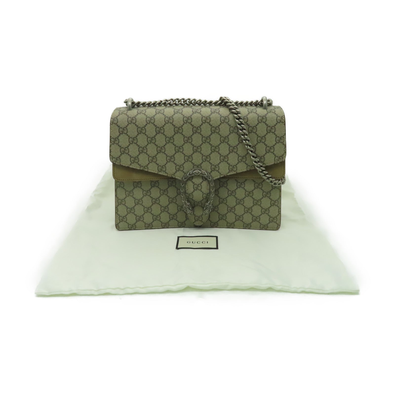 GUCCI 【清倉大減價】塗層皮革Dionysus GG銀扣鏈帶肩背袋棕色