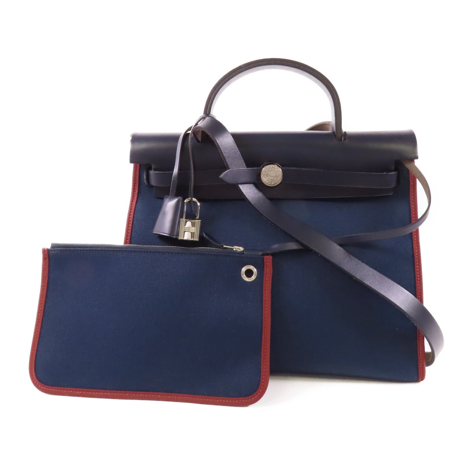 HERMES 帆布Herbag銀扣手挽肩背兩用袋76 Bleu Indigo