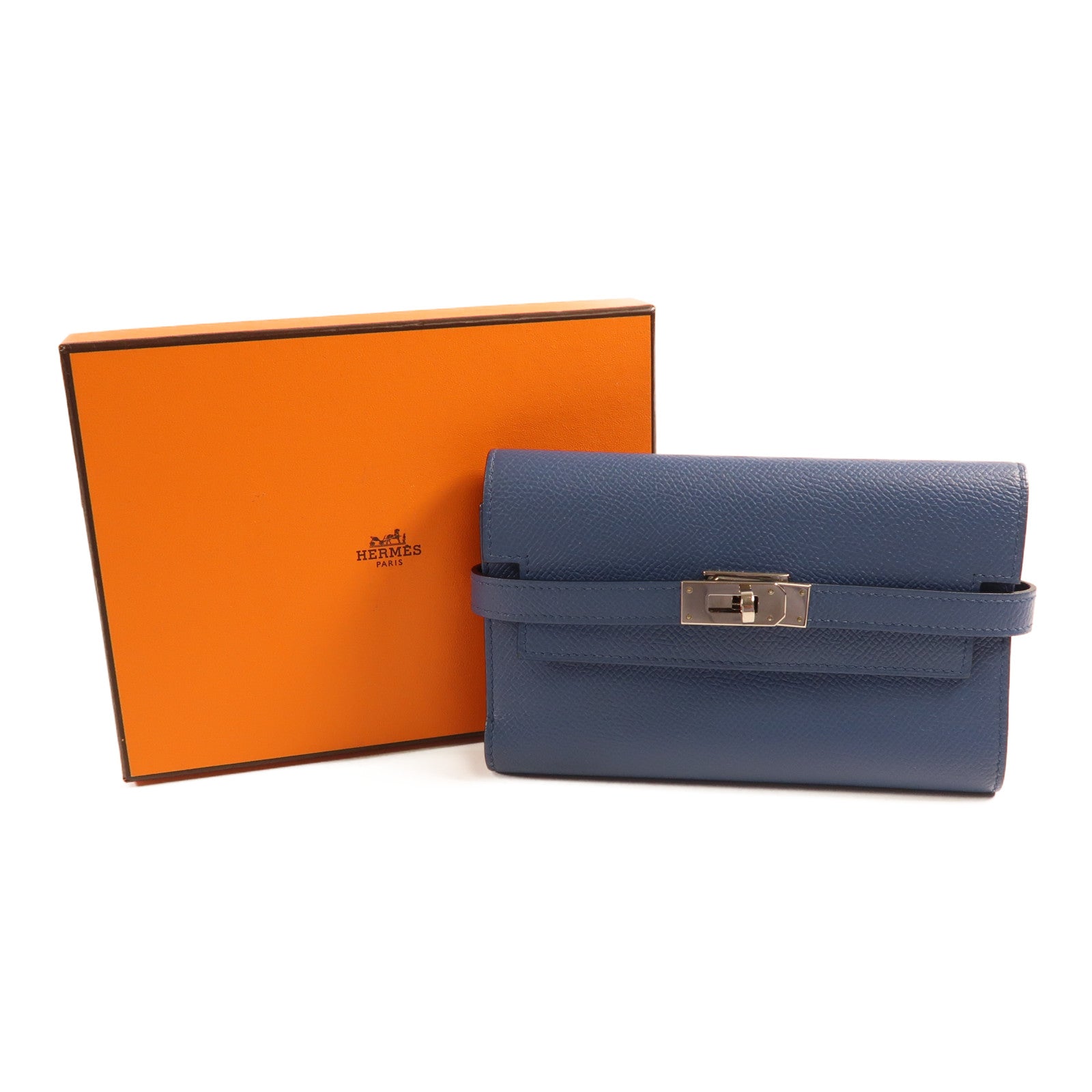 HERMES 【激減優惠】Epsom皮革Kelly Short Wallet金扣錢包Bleu Paon孔雀藍色